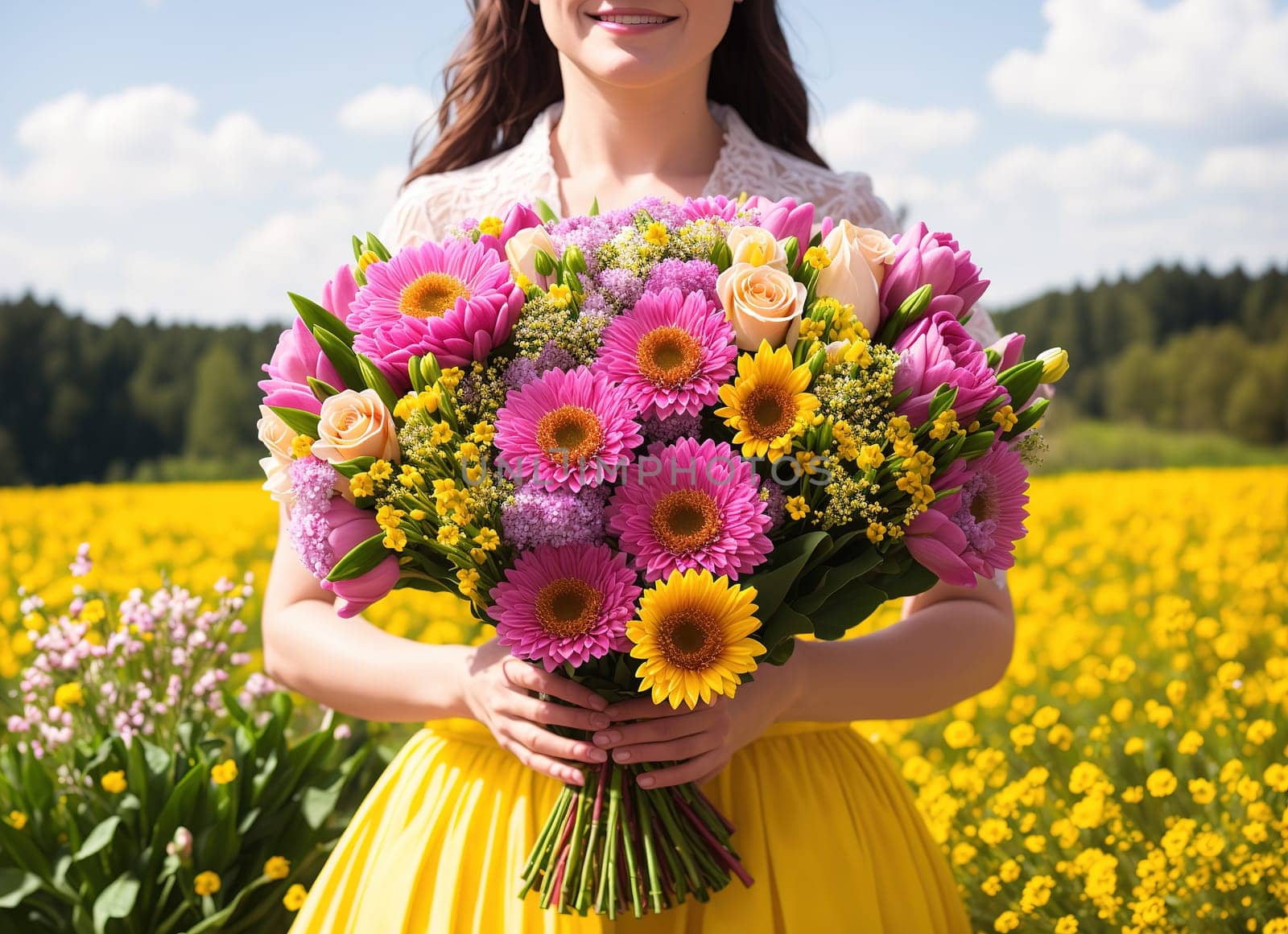 Beautiful adult girl with spring bouquet by macroarting