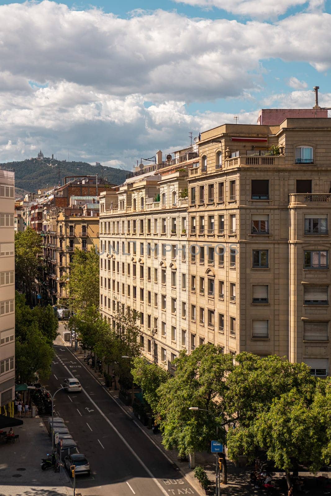 View of Urban Barcelona with Historical Buildings and Tree-Lined Streets by apavlin