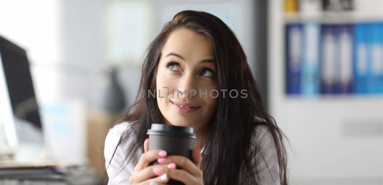 Beauty businesswoman hold black paper cup with coffee drink in hands portriat. Business idea concept