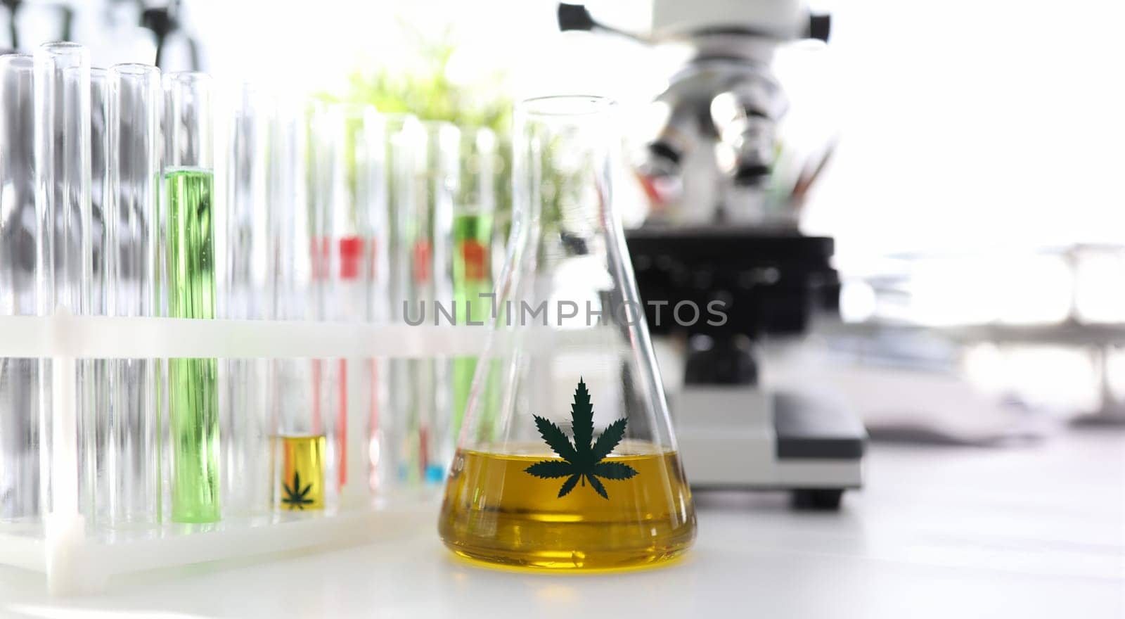 Test tube with yellow cbd oil in chemisrtry lab research background closeup. Medical marijuana concept