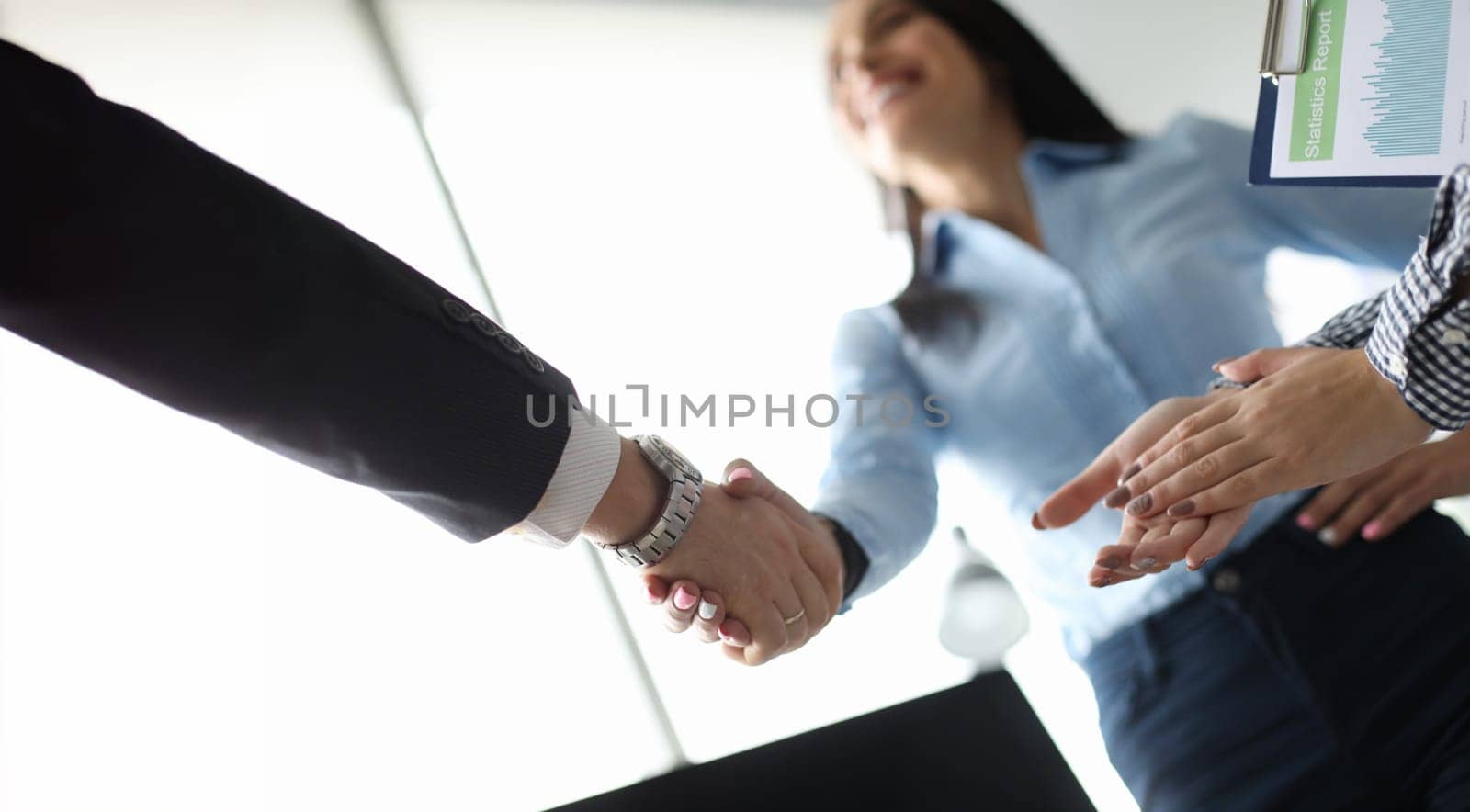 Businesswoman and businessman shake hand in ofiice. Business sign contract concept
