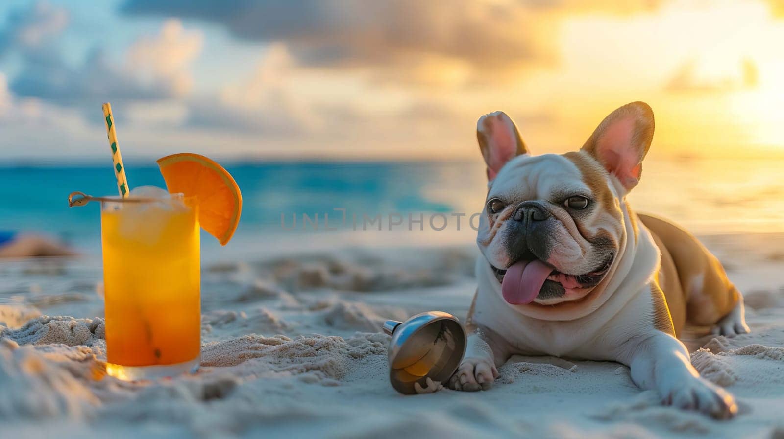 dog lies on the beach with a glass of fresh juice, drink , Generative AI,