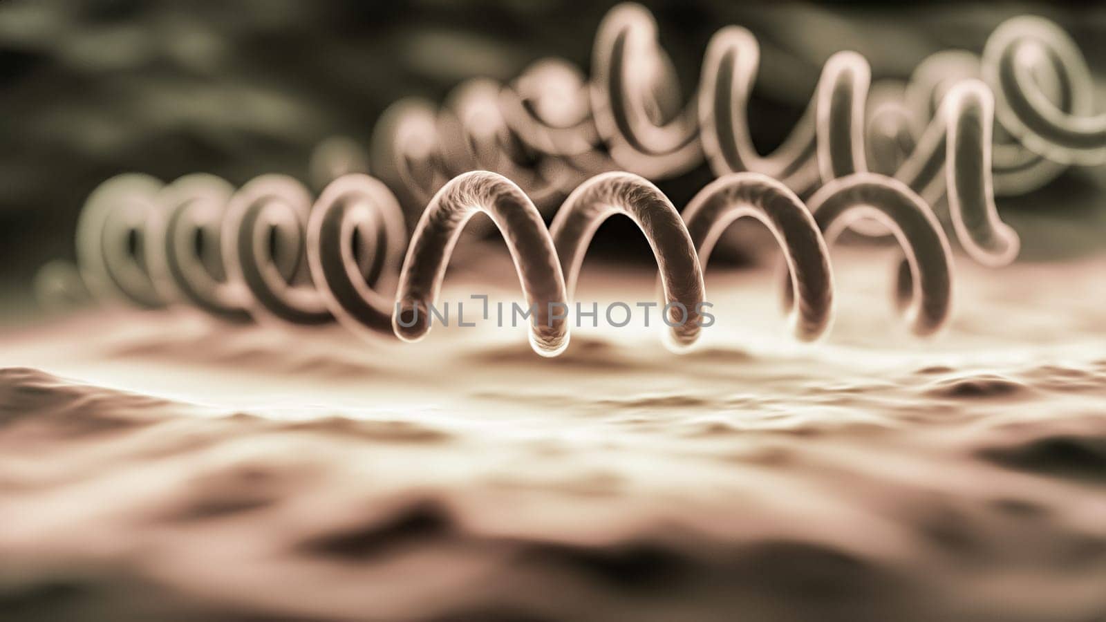 Treponema pallidum bacterium, highlighted by detailed textures that emphasize its spiral form. Showcasing the bacteriums interaction with its environment.