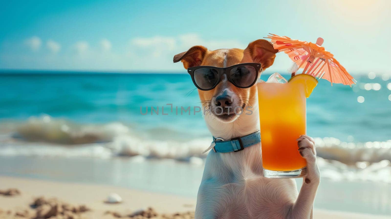 dog lies on the beach with a glass of fresh juice, drink , Generative AI,