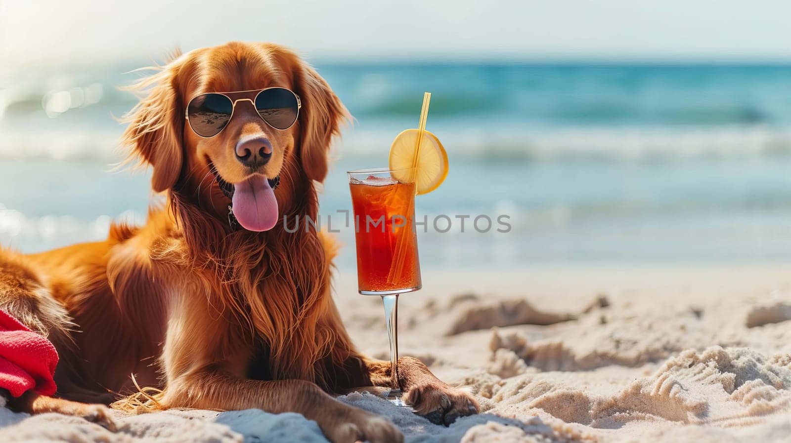 dog lies on the beach with a glass of fresh juice, drink , Generative AI,