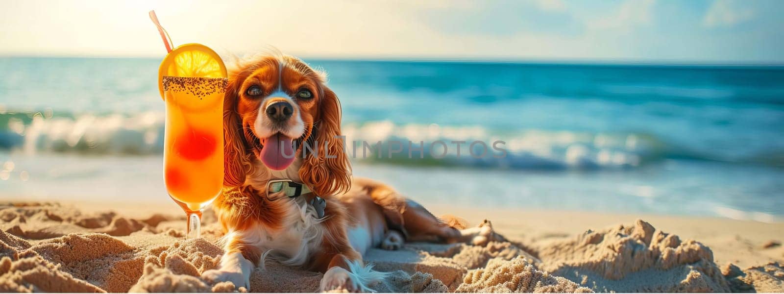 dog lies on the beach with a glass of fresh juice, drink , Generative AI,