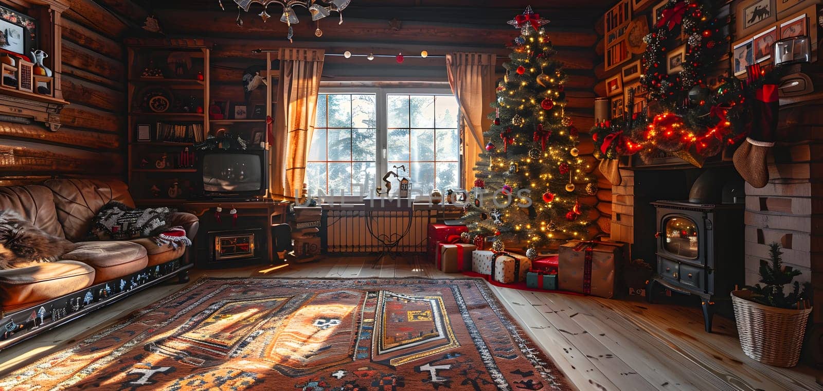 A festive living room decorated for Christmas with a beautiful Christmas tree, presents, and cozy wood flooring. The interior design sets the perfect ambiance for the holiday event