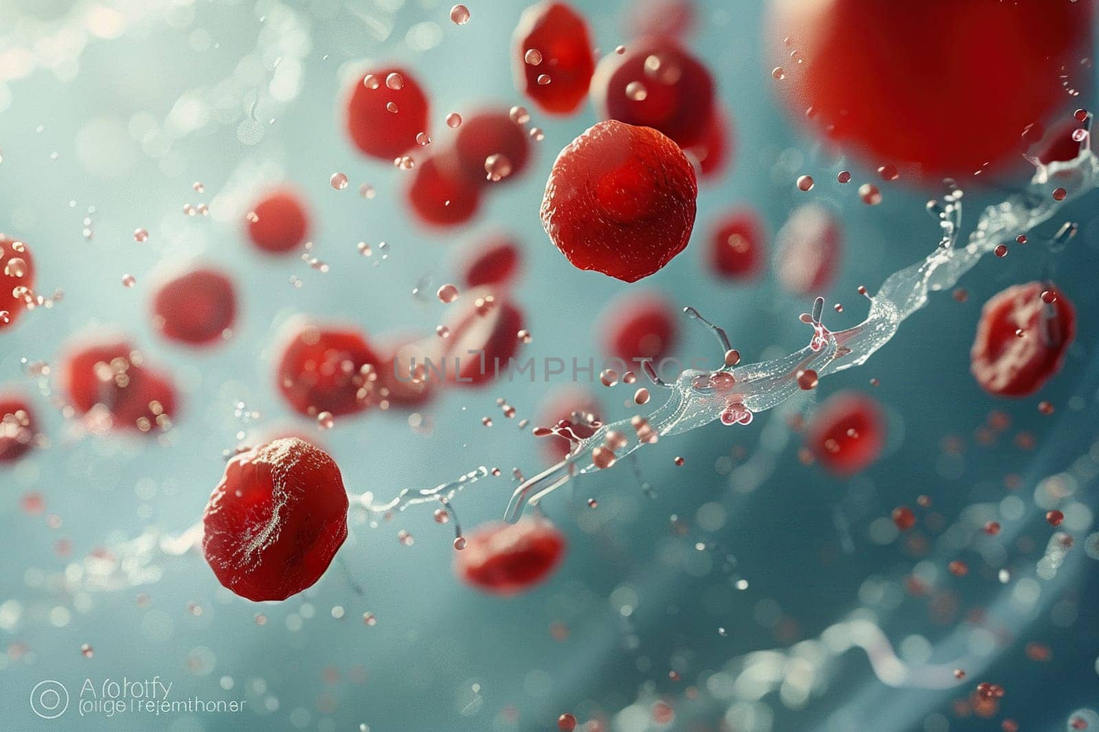 Macro 3D illustration of leukocytes and platelets in the blood stream. Biomedicine concept. Generated by artificial intelligence by Vovmar