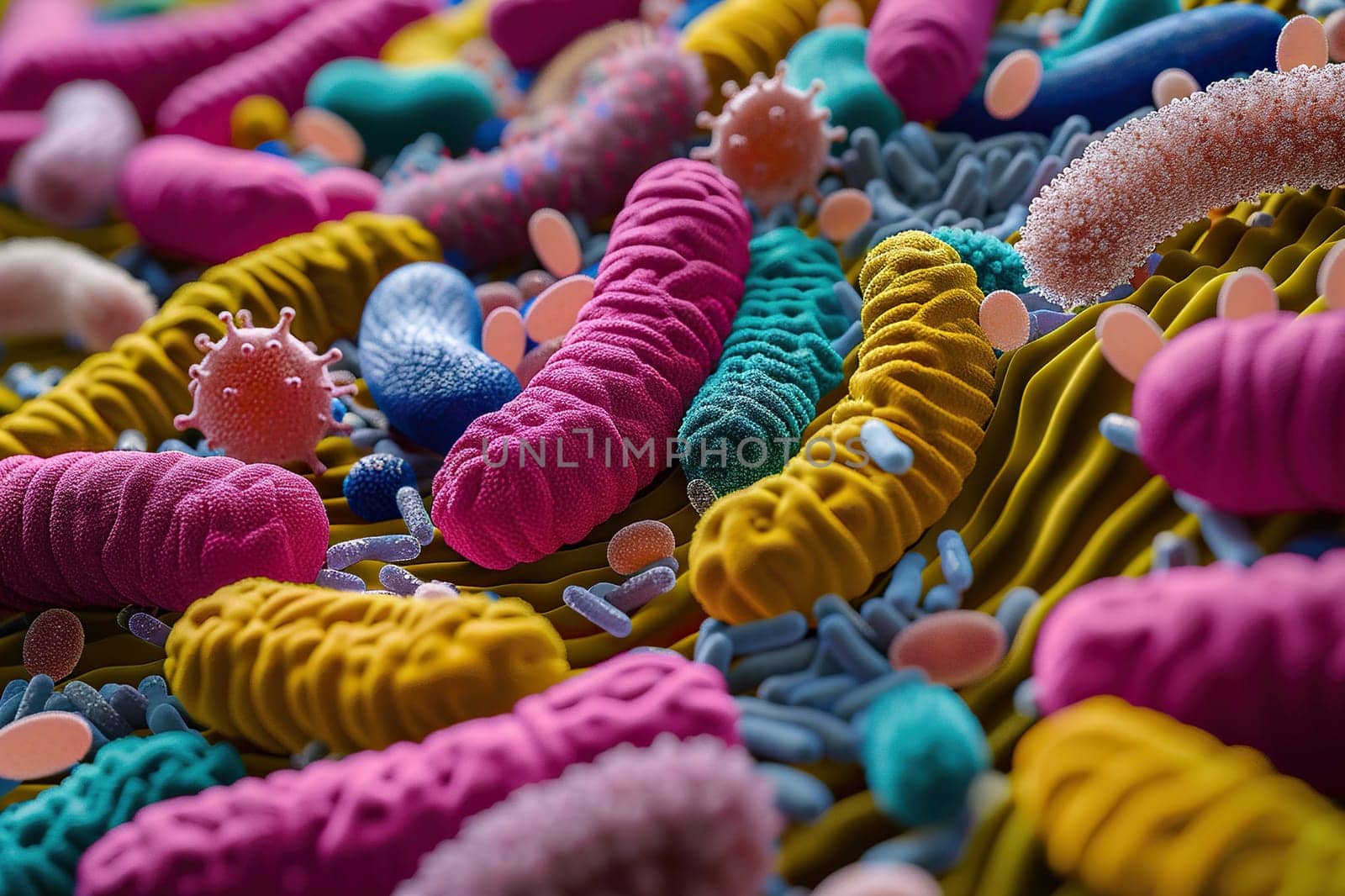 Many germs and bacteria of different shapes and colors. Microbiology. Pathogenic microbes. Generated by artificial intelligence by Vovmar