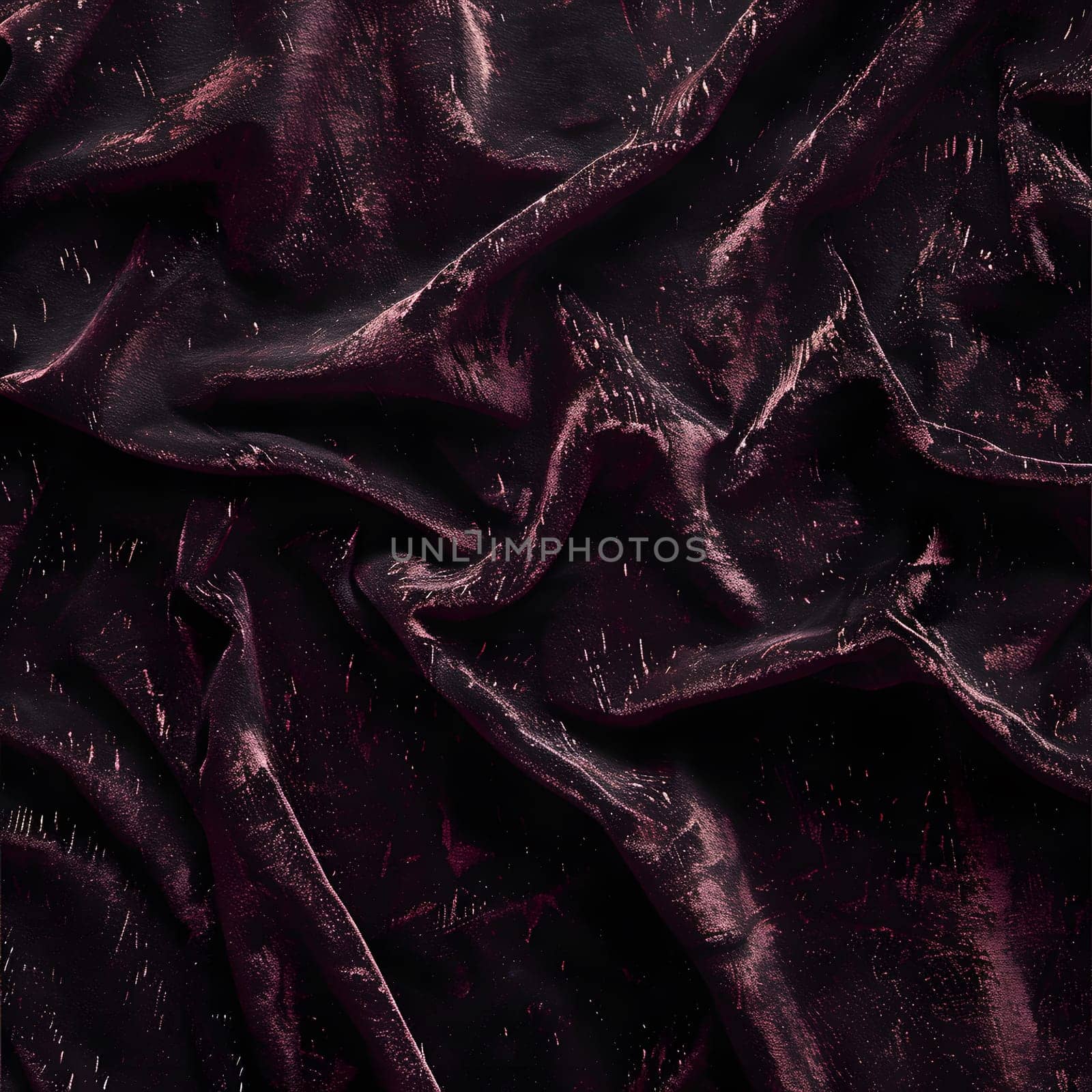 A close up of a dark purple velvet fabric resembling the color of a magenta twilight. The texture is smooth like plant leaves, with hints of electric blue and metallic sheen
