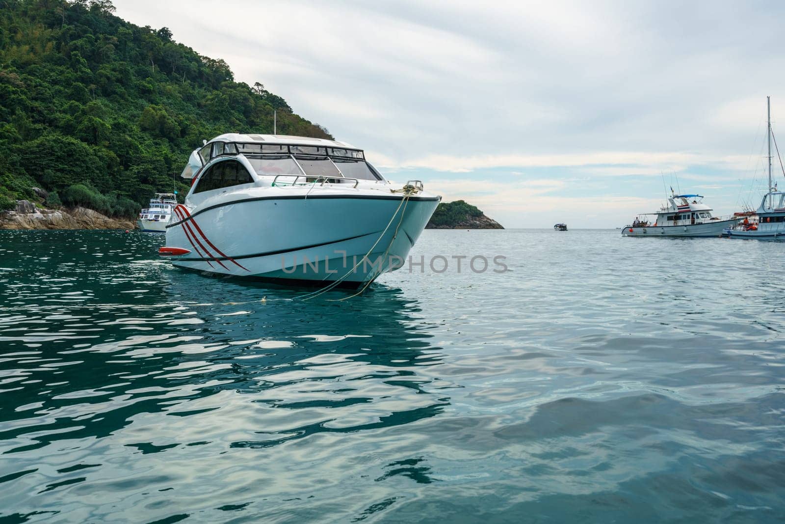 Seascape and View of boats in bay. Phuket, Thailand