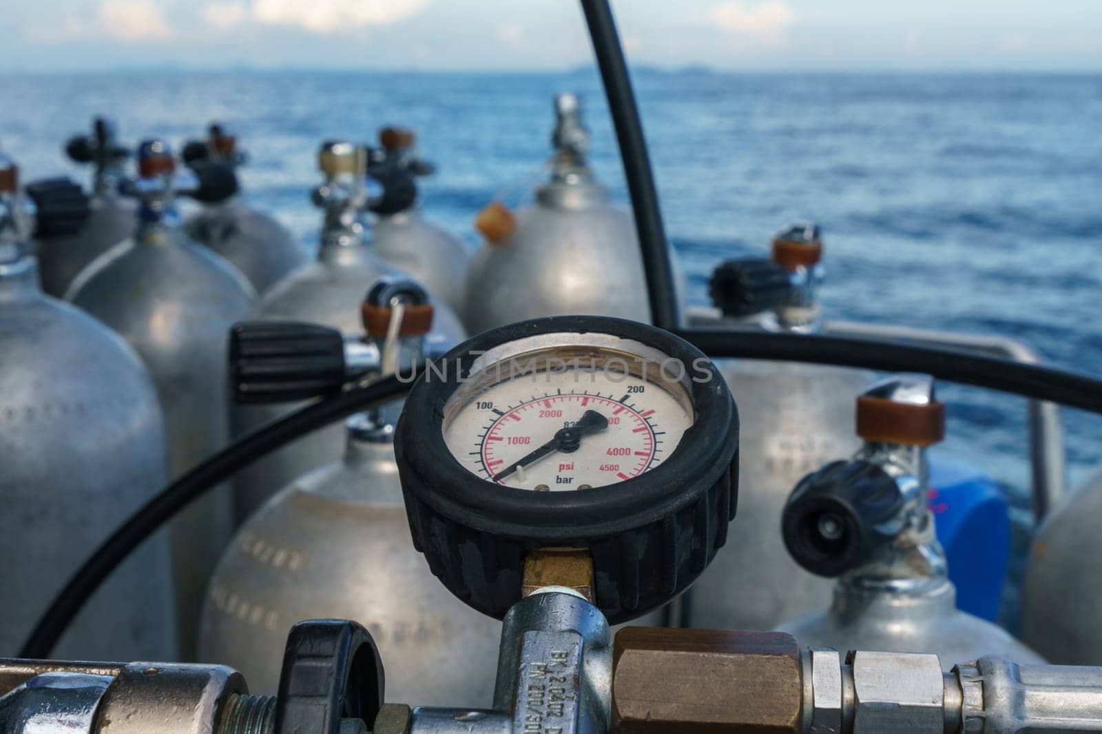 Scuba diving. Pressure meter of oxygen cylinders, close-up