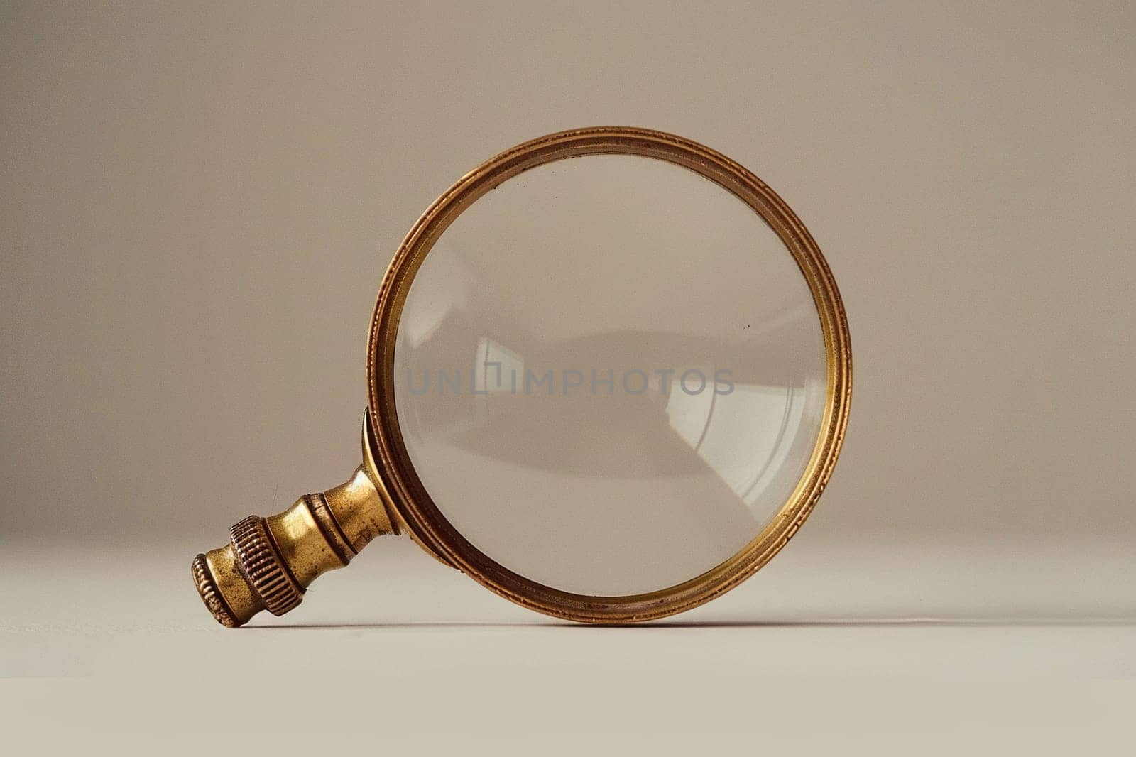 Magnifying round glass with a wooden handle on a light background. Concept of search, research.