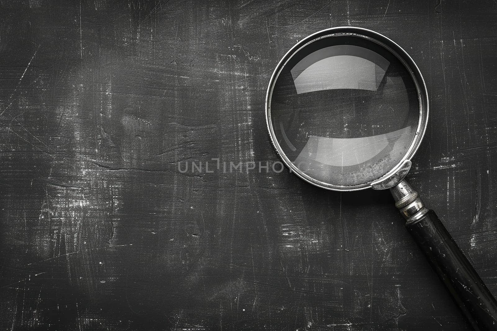 Vintage magnifying glass over a shabby dark surface. Search, research concept. Black and white image.