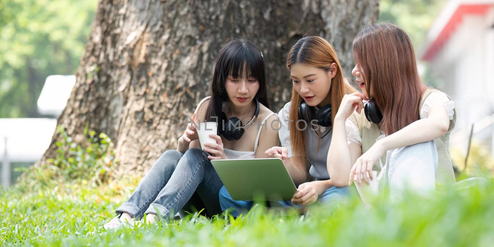 College student having discussion under tree on campus, preparing for exam, learning and reading books together.