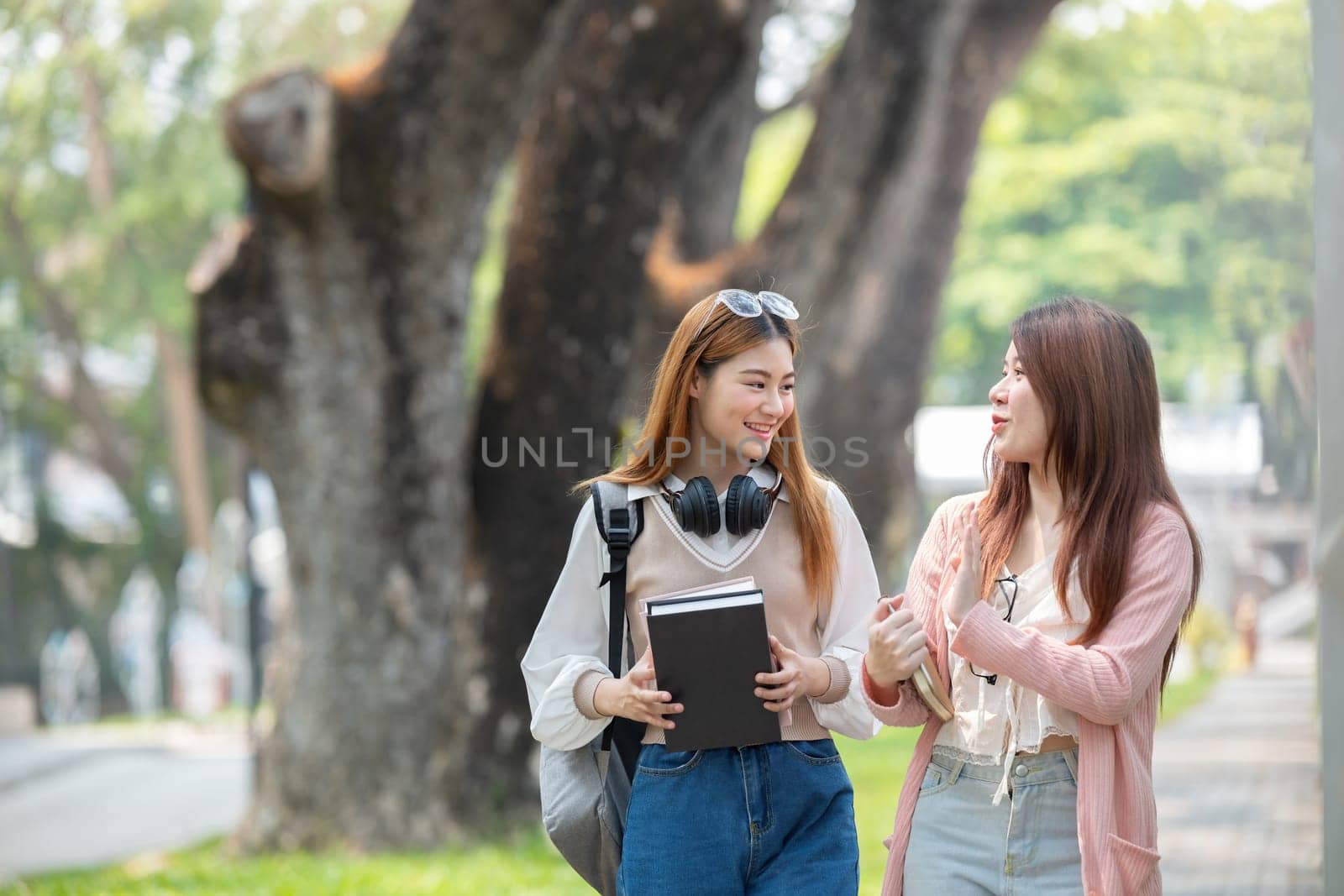 Two female student friends were chatting while walking to a classroom on campus. by wichayada