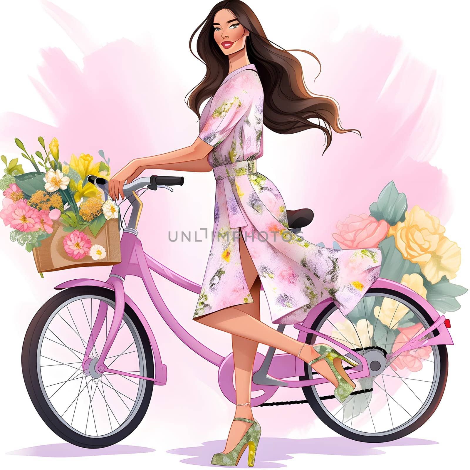 A woman in a pink dress is cruising on a pink bicycle adorned with flowers in the basket, featuring bicycle frame, handlebar, fork, wheel, tire, and accessories