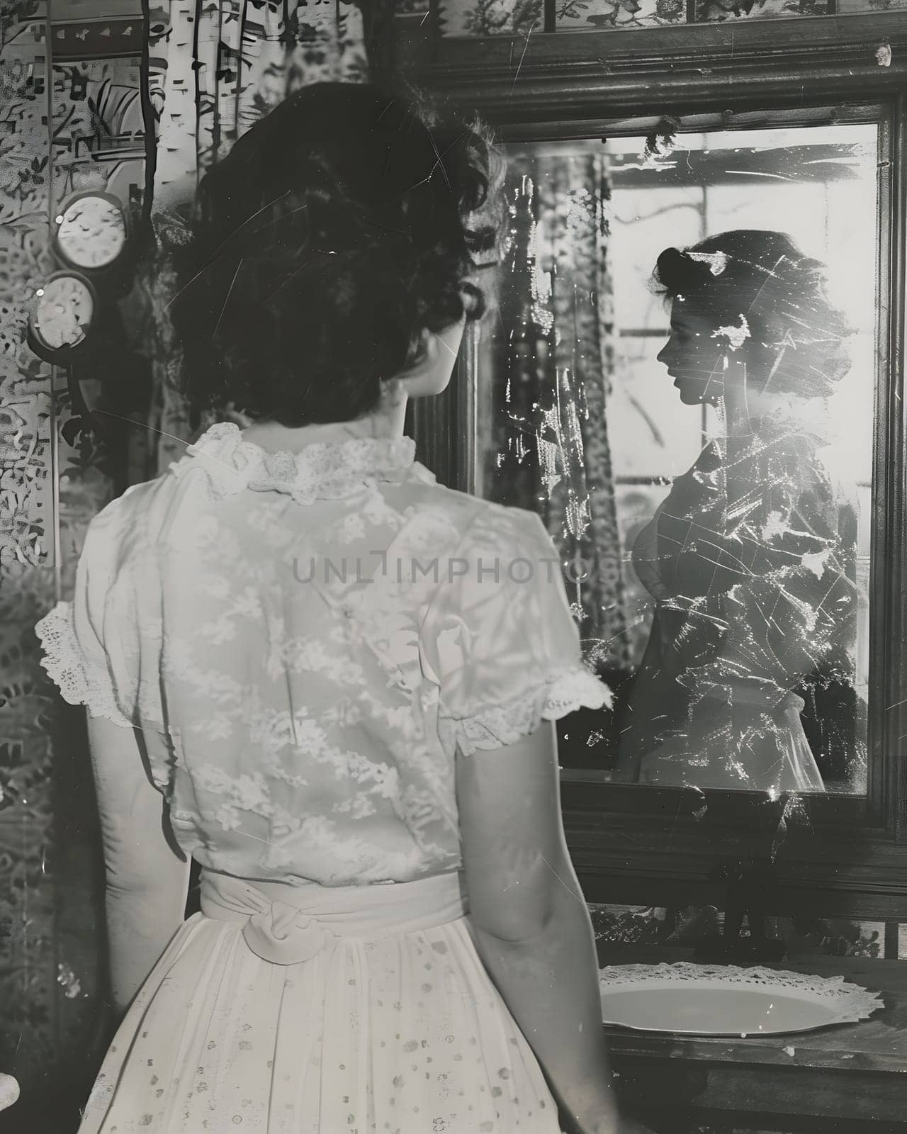 A woman in vintage clothing is examining her reflection in a blackandwhite monochrome photography art room, admiring the intricate pattern of her shoulder sleeve design