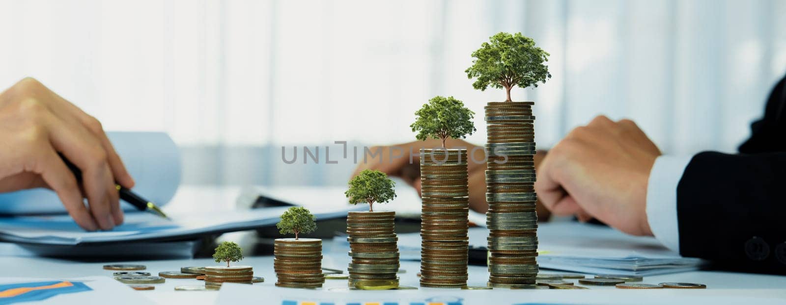 Growth coin stack with tree on top symbolize green business investment on CSR or ESG for environmental protection. Business people doing financial planning to archive net zero sustainability. Shrewd