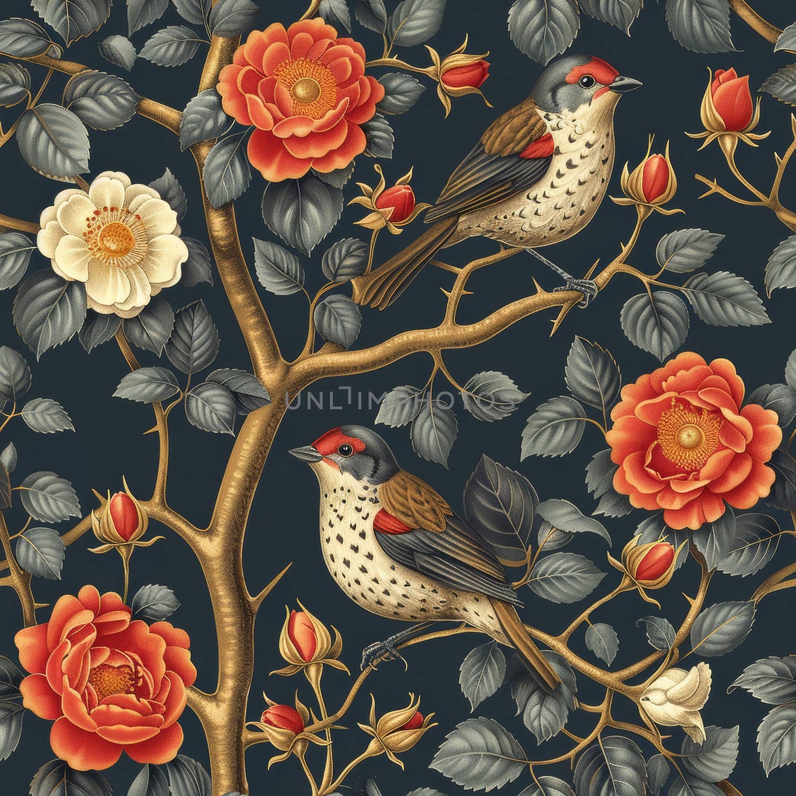 Vintage style seamless pattern with Floral wreath and birds for retro wallpapers. Enchanted Vintage Flowers. Arts and Crafts movement inspired. Design for wrapping paper, wallpaper, fabrics. Generative AI. by varka