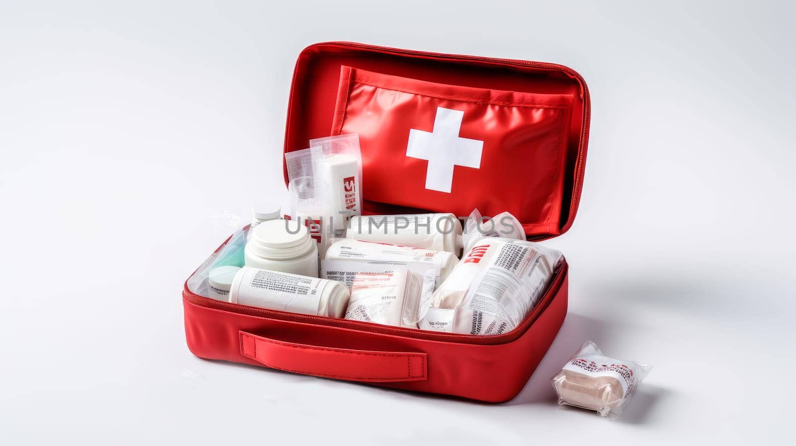Red first aid kit with medicines and medicines for the road on a white background. by Alla_Yurtayeva