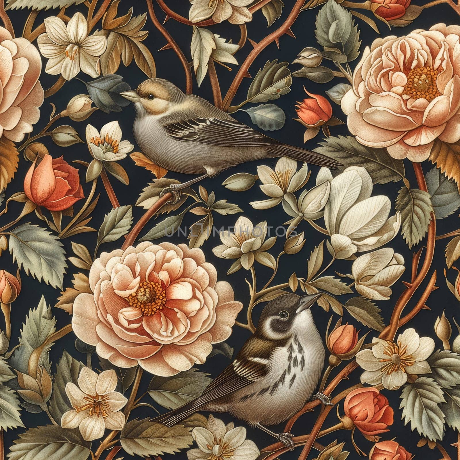 Vintage style seamless pattern with Floral wreath and birds for retro wallpapers. Enchanted Vintage Flowers. Arts and Crafts movement inspired. Design for wrapping paper, wallpaper, fabrics and fashion clothes. Generative AI.