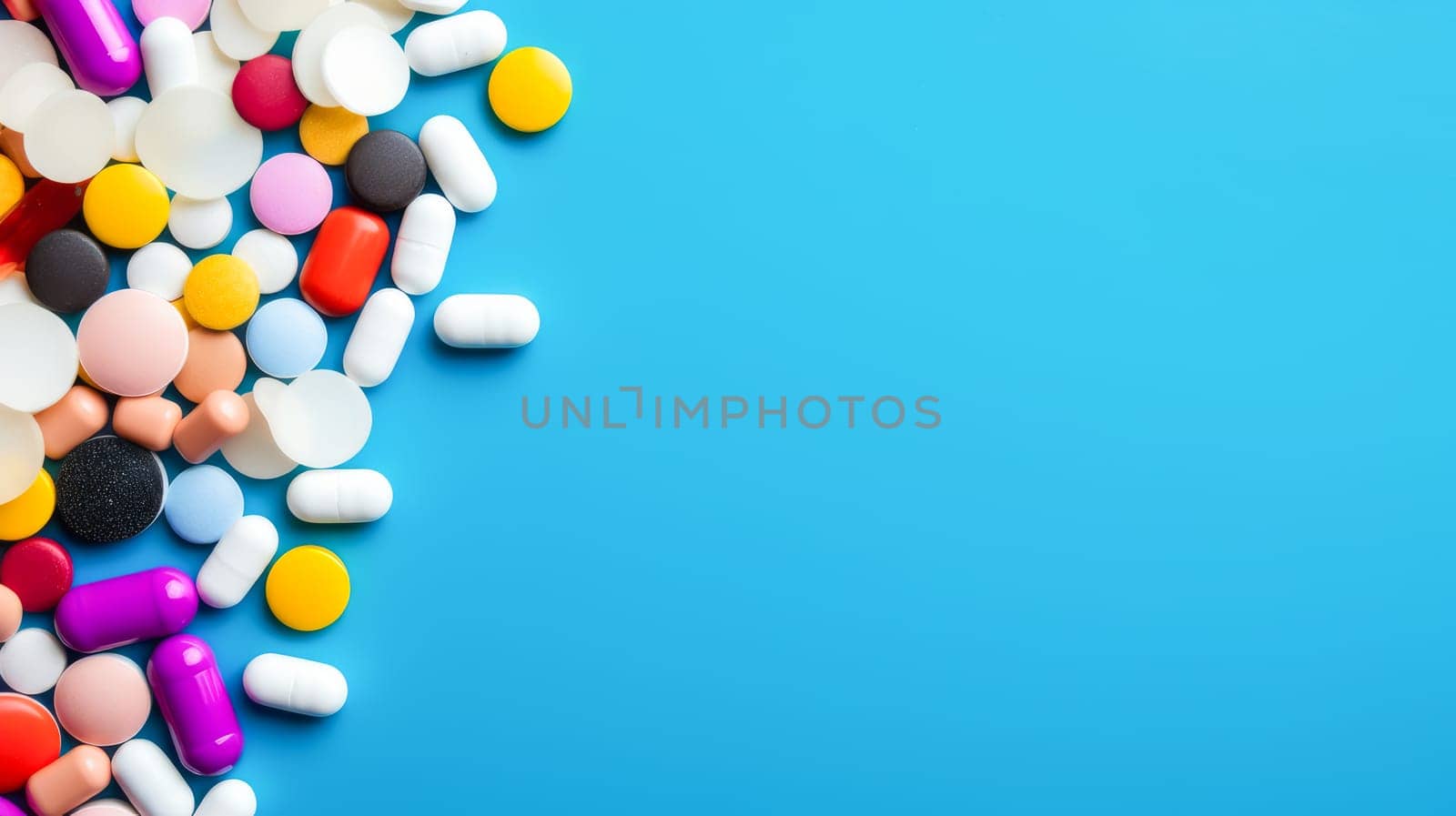 Multi-colored bright tablets on a white background. Medicine, treatment in a medical institution, healthy lifestyle, medical life insurance, pharmacies, pharmacy, treatment in a clinic.