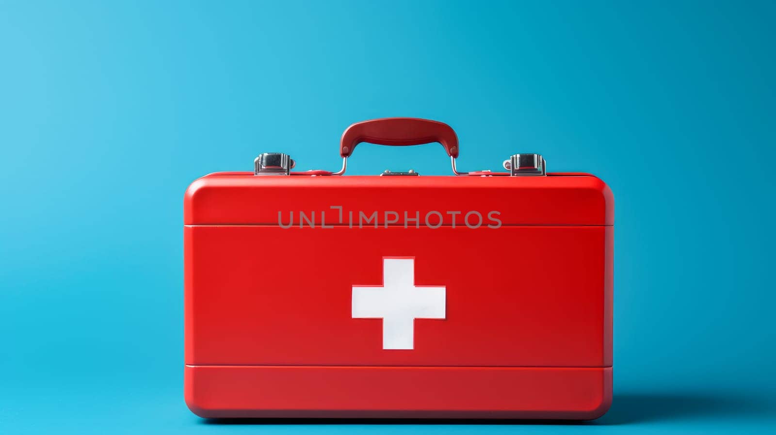 Red first aid kit with a cross with medicines on a blue background. by Alla_Yurtayeva