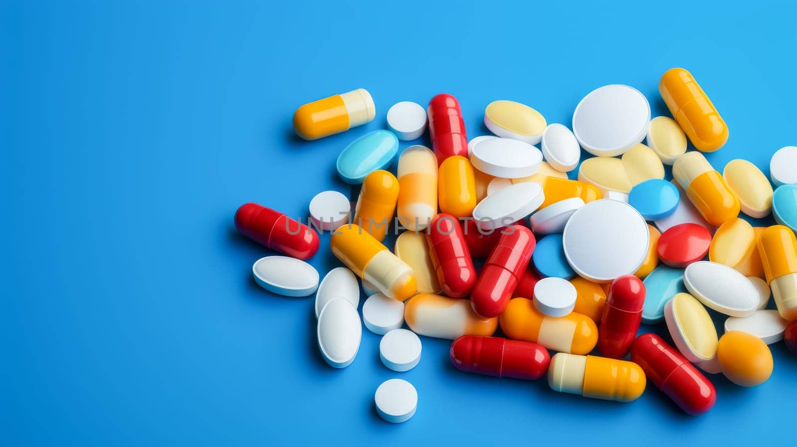 Multi-colored tablets, capsules and vitamins on a blue background.Medicine, treatment in a medical institution, healthy lifestyle, medical life insurance, pharmacies, pharmacy, treatment in a clinic.