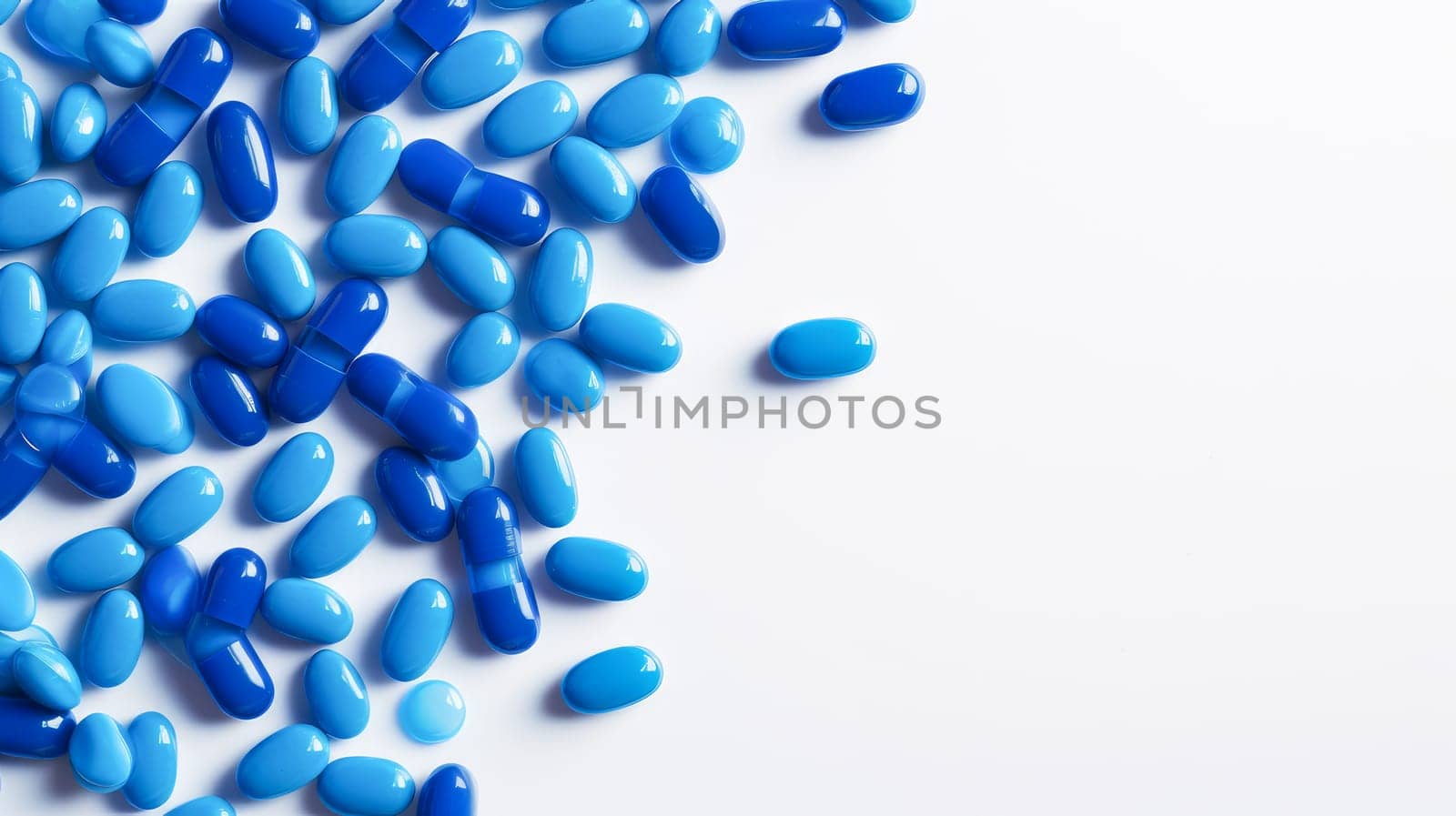 Blue pills, capsules and vitamins on a white background. Medicine, treatment in a medical institution, healthy lifestyle, medical life insurance, pharmacies, pharmacy, treatment in a clinic.