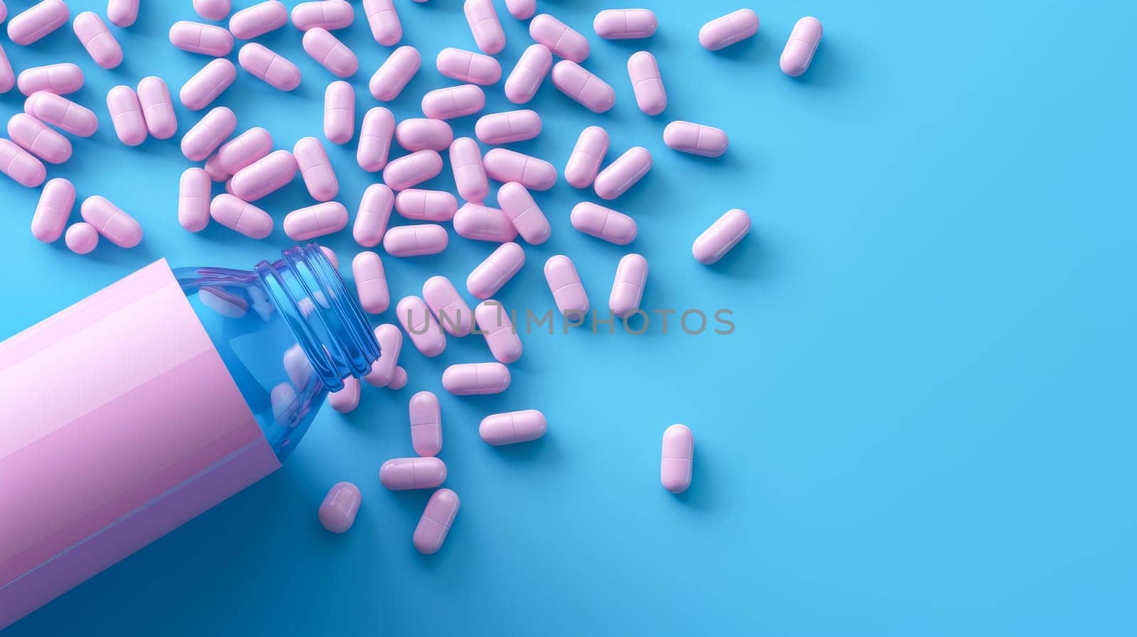 Pink pills, capsules and vitamins in a jar on a blue background. Medicine, treatment in a medical institution, healthy lifestyle, medical life insurance, pharmacies, pharmacy, treatment in a clinic.