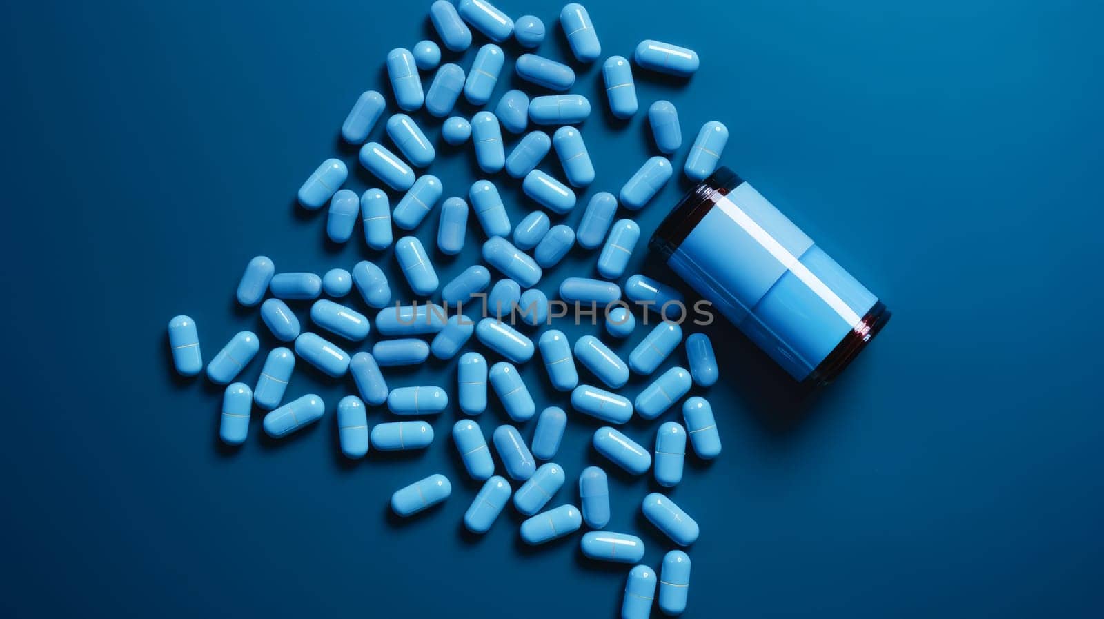 Blue pills, capsules and vitamins in a jar on a dark background. Medicine, treatment in a medical institution, healthy lifestyle, medical life insurance, pharmacies, pharmacy, treatment in a clinic.