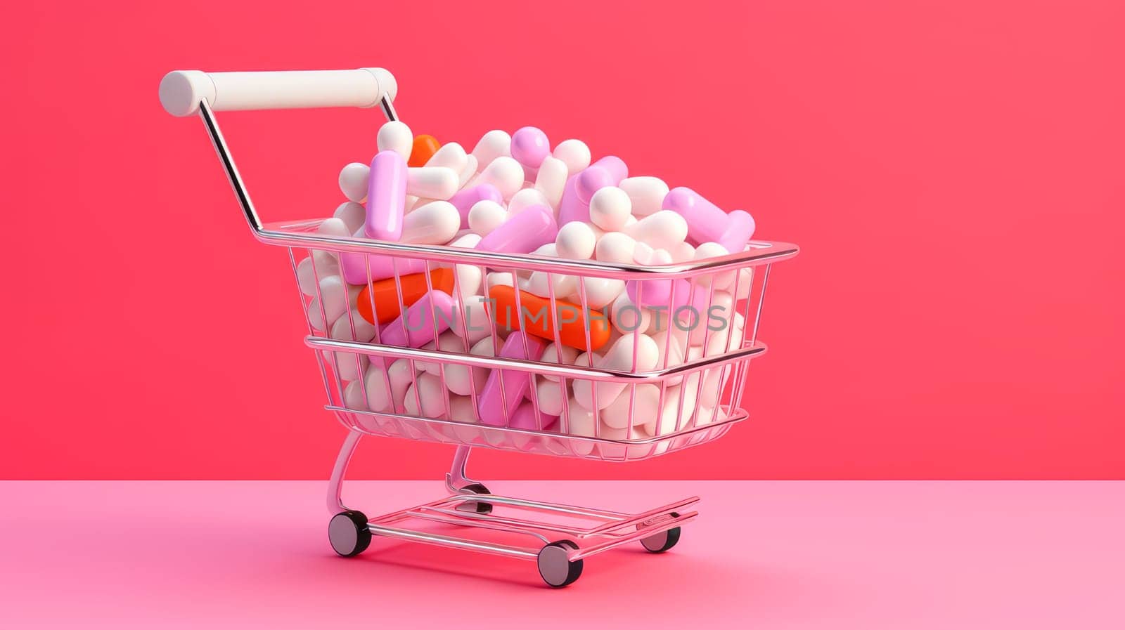 Multi-colored tablets, capsules and vitamins in a jar on a pink background in a shopping cart. Medicine, treatment in a medical institution, healthy lifestyle, medical life insurance, pharmacies, pharmacy, treatment in a clinic.