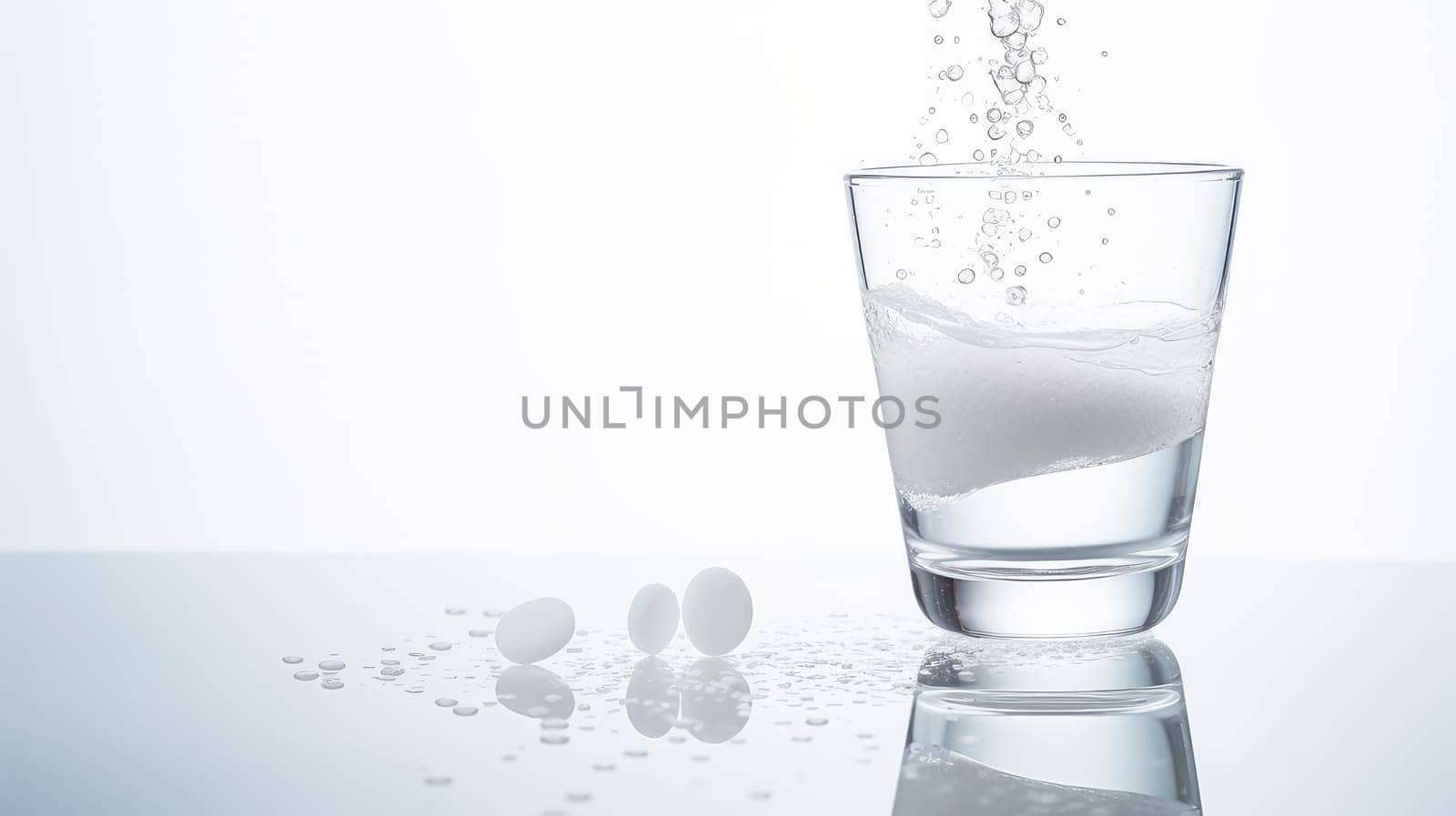 Glass with clear water and pills during illness on a white background. Medicine, treatment in a medical institution, healthy lifestyle, medical life insurance, pharmacies, pharmacy, treatment in a clinic.