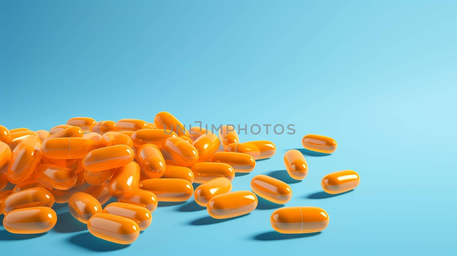 Yellow orange pills, capsules and vitamins in a jar on a blue background. by Alla_Yurtayeva