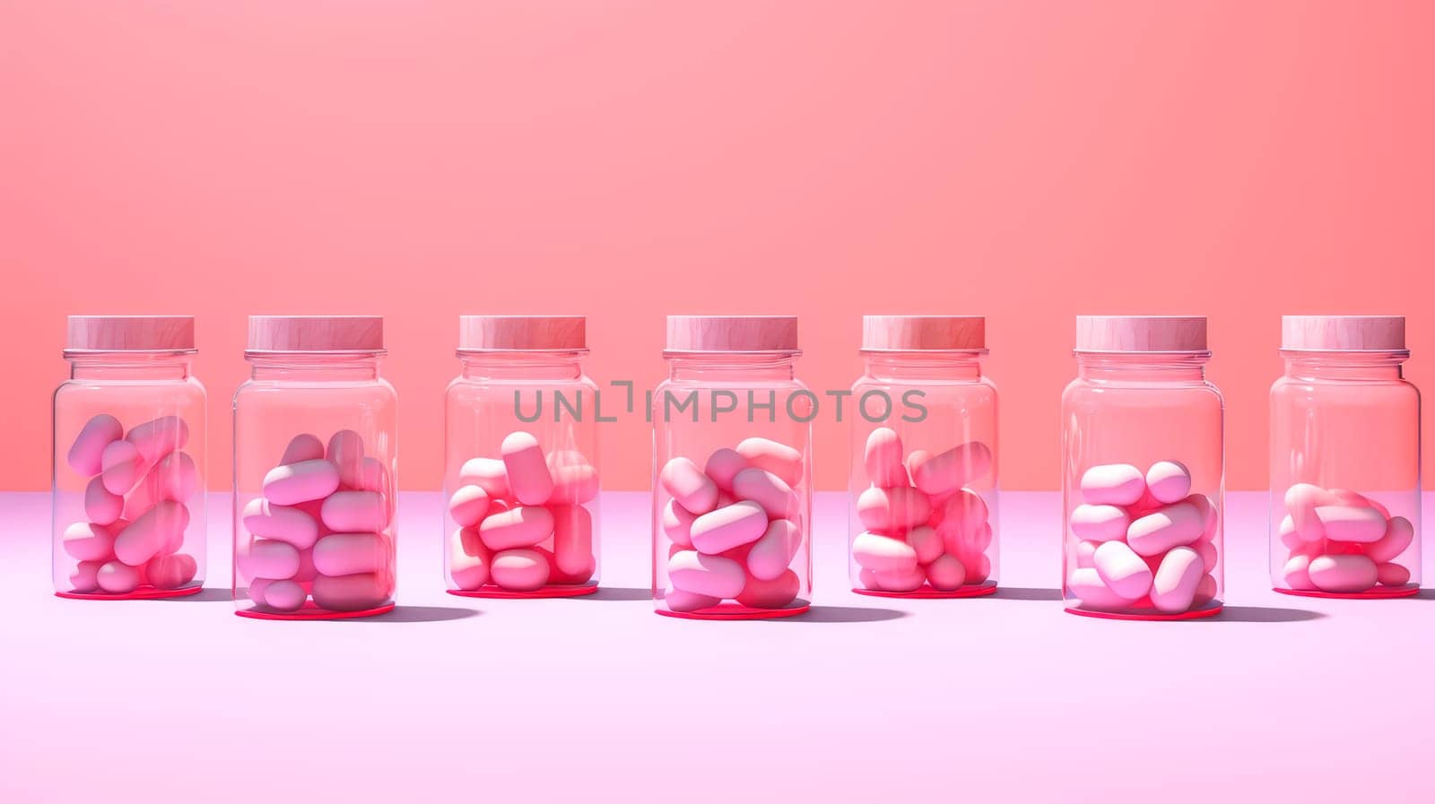 Multi-colored pills in jars on a pink background. Medicine, treatment in a medical institution, healthy lifestyle, medical life insurance, pharmacies, pharmacy, treatment in a clinic.