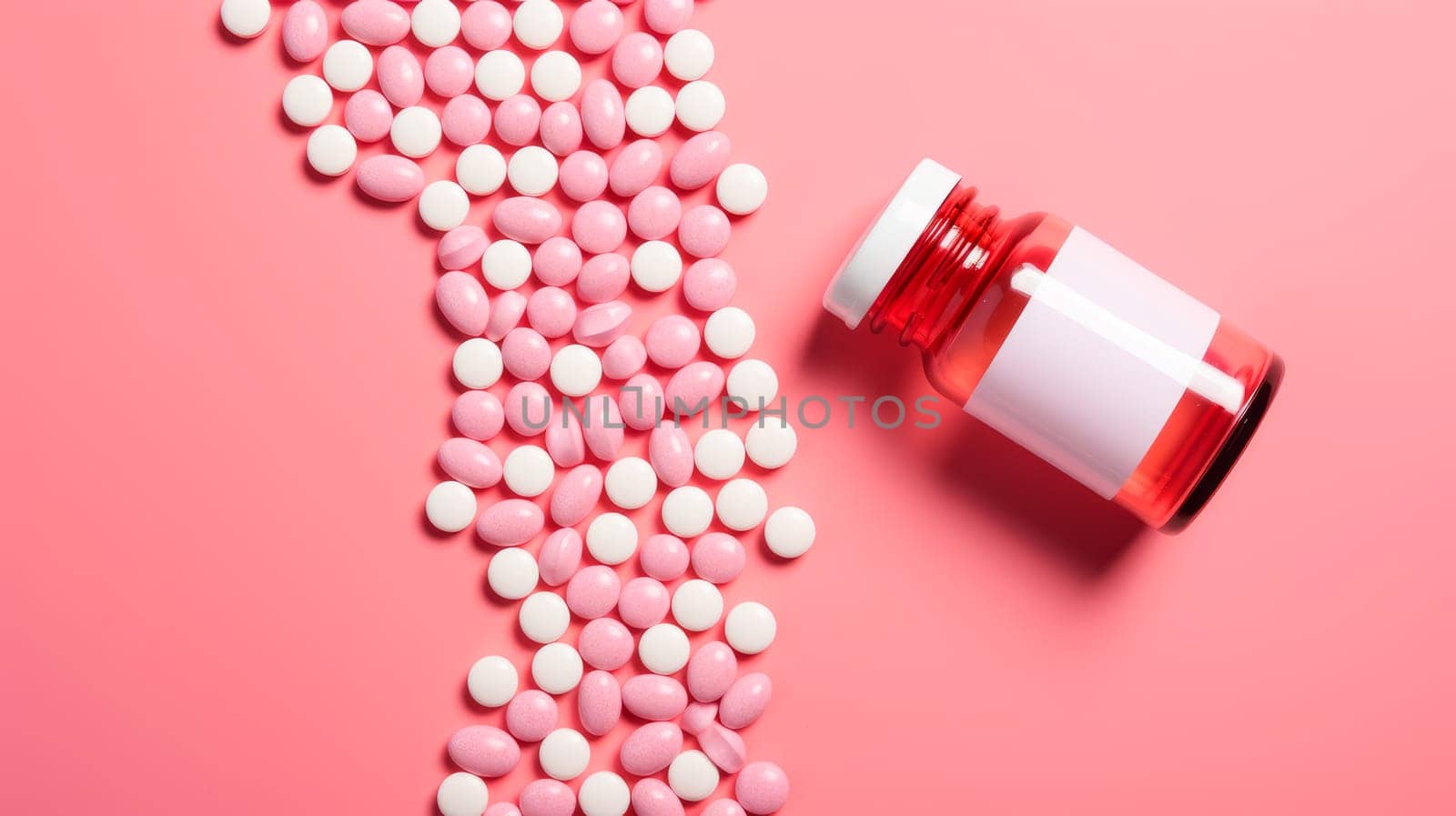 White pink pills, capsules and vitamins in a jar on a pink background. Medicine, treatment in a medical institution, healthy lifestyle, medical life insurance, pharmacies, pharmacy, treatment in a clinic.