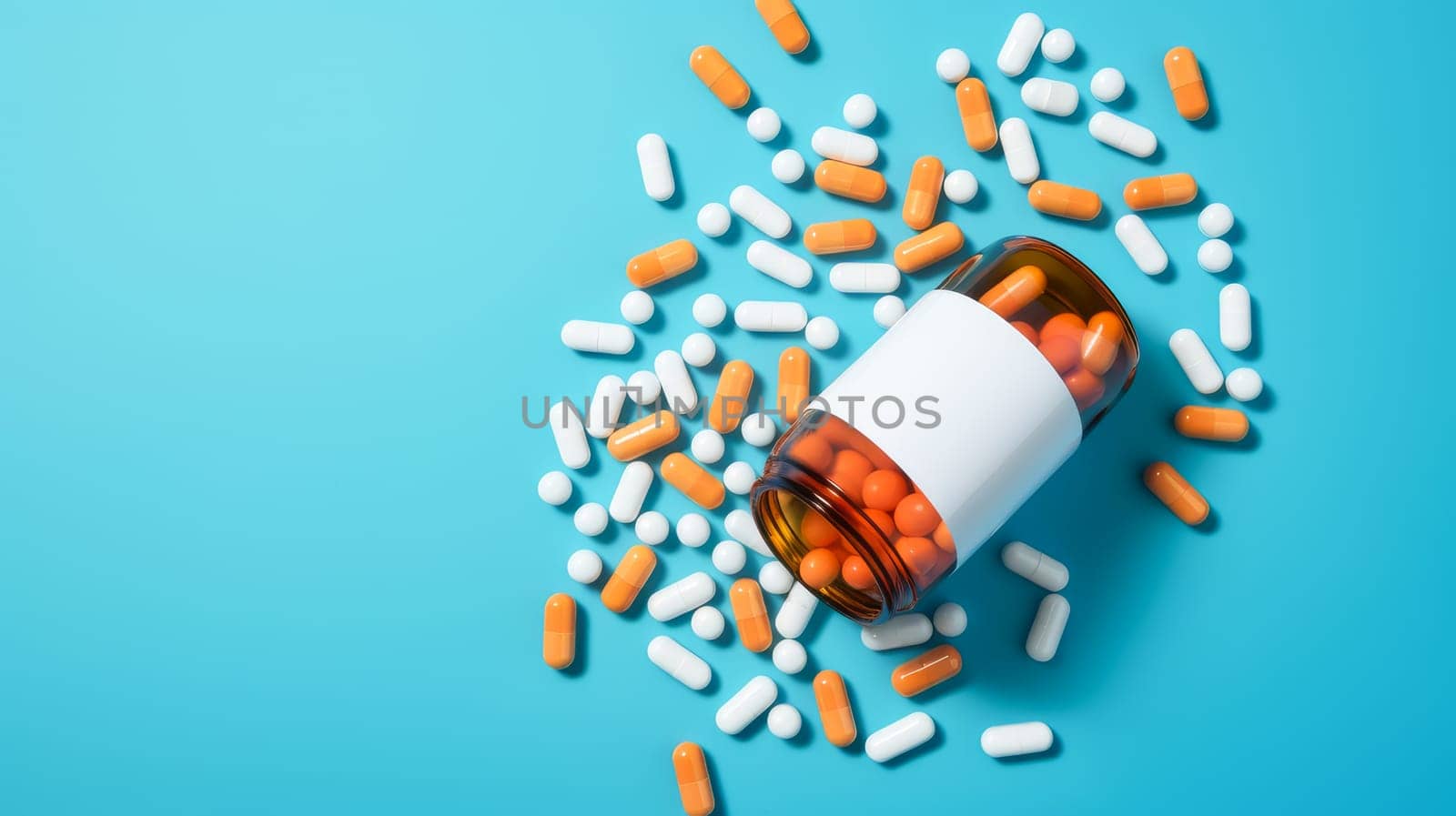 Multi-colored tablets, capsules and vitamins in a jar on a blue background. Medicine, treatment in a medical institution, healthy lifestyle, medical life insurance, pharmacies, pharmacy, treatment in a clinic.
