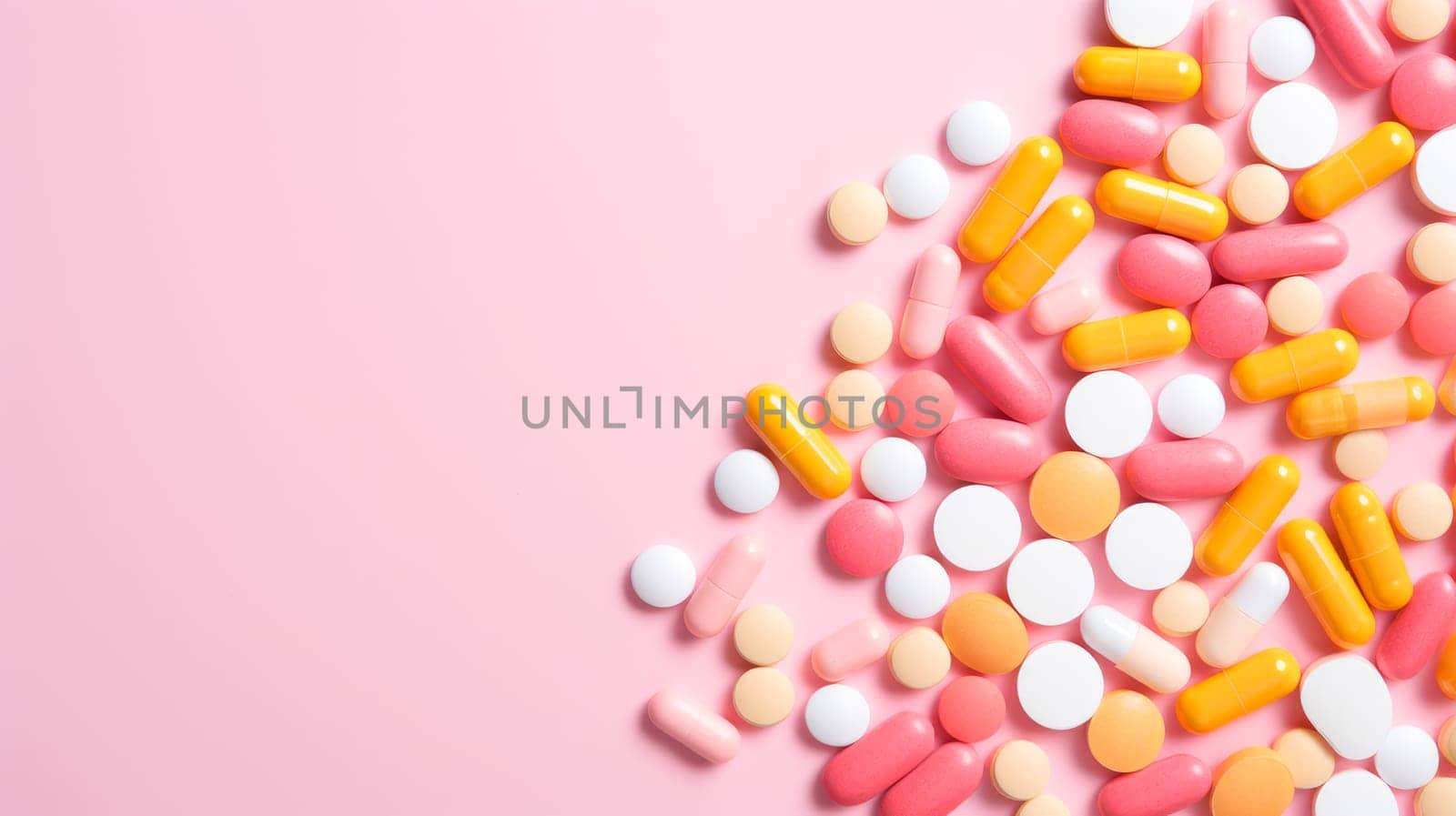Multi-colored tablets, capsules and vitamins in a jar on a pink background. by Alla_Yurtayeva