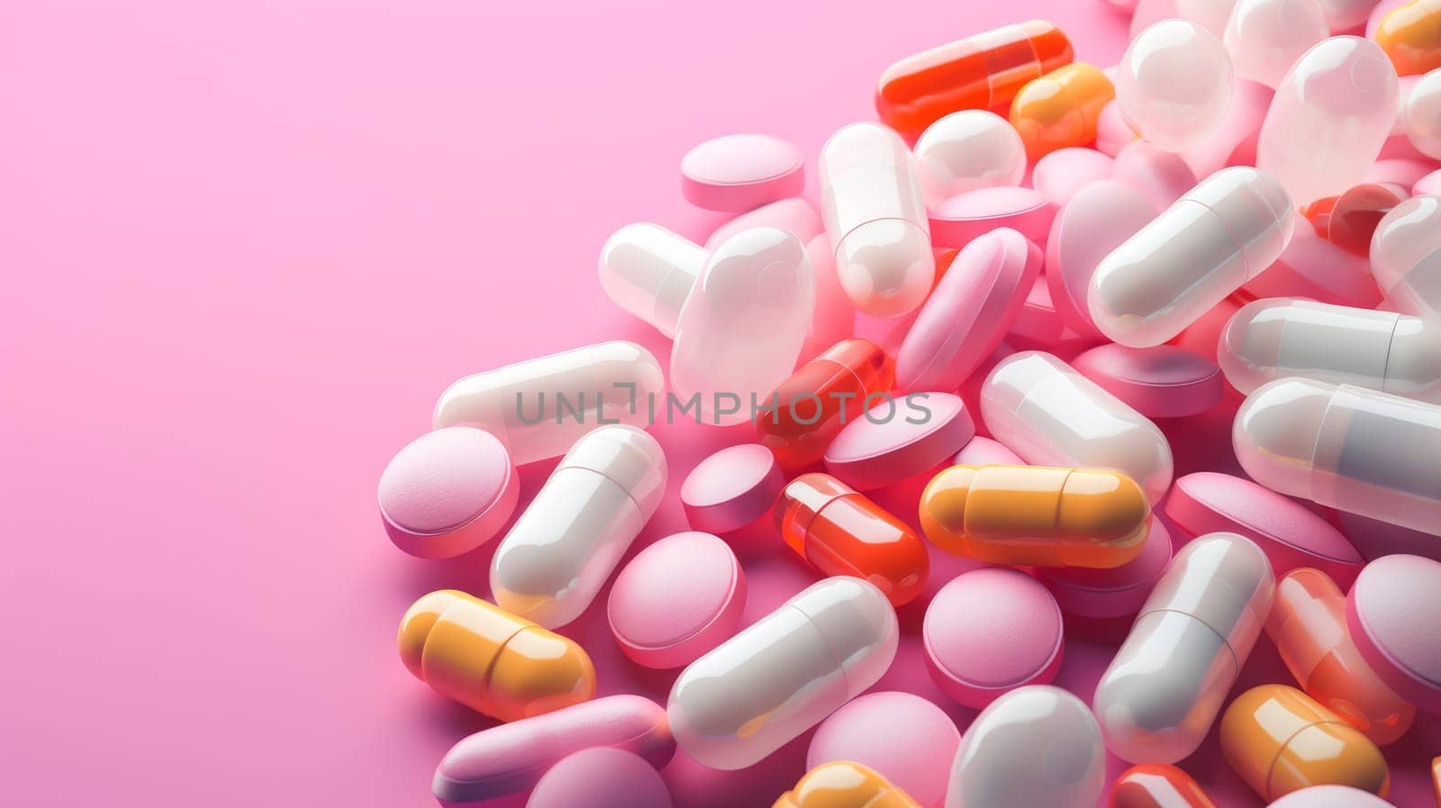 Multi-colored tablets, capsules and vitamins in a jar on a pink background. Medicine, treatment in a medical institution, healthy lifestyle, medical life insurance, pharmacies, pharmacy, treatment in a clinic.