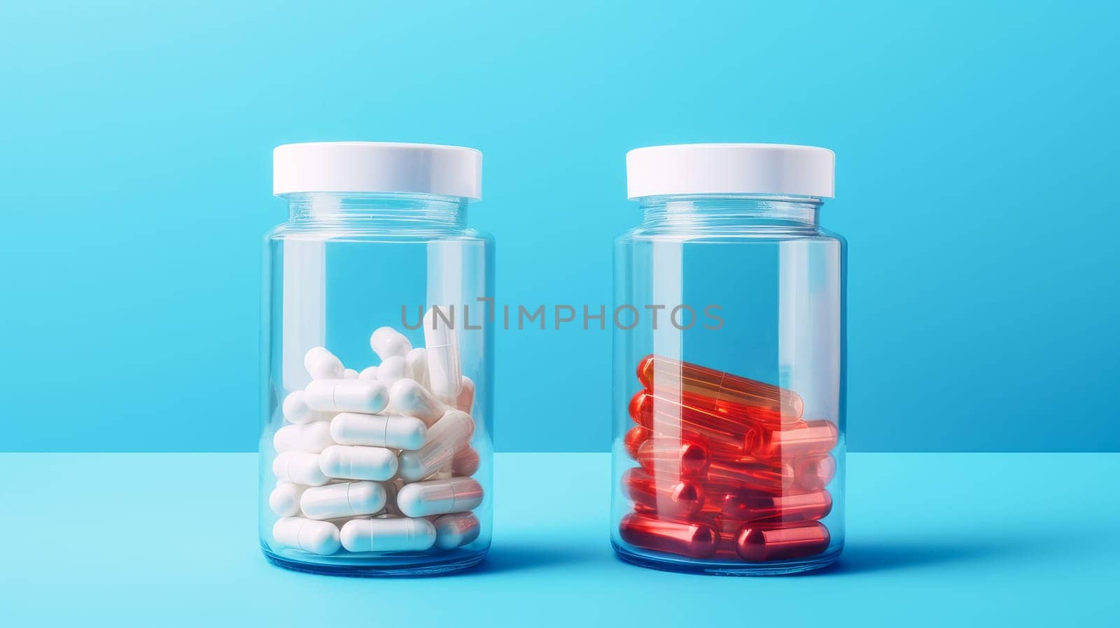 White pills, capsules and vitamins in a jar on a blue background. by Alla_Yurtayeva
