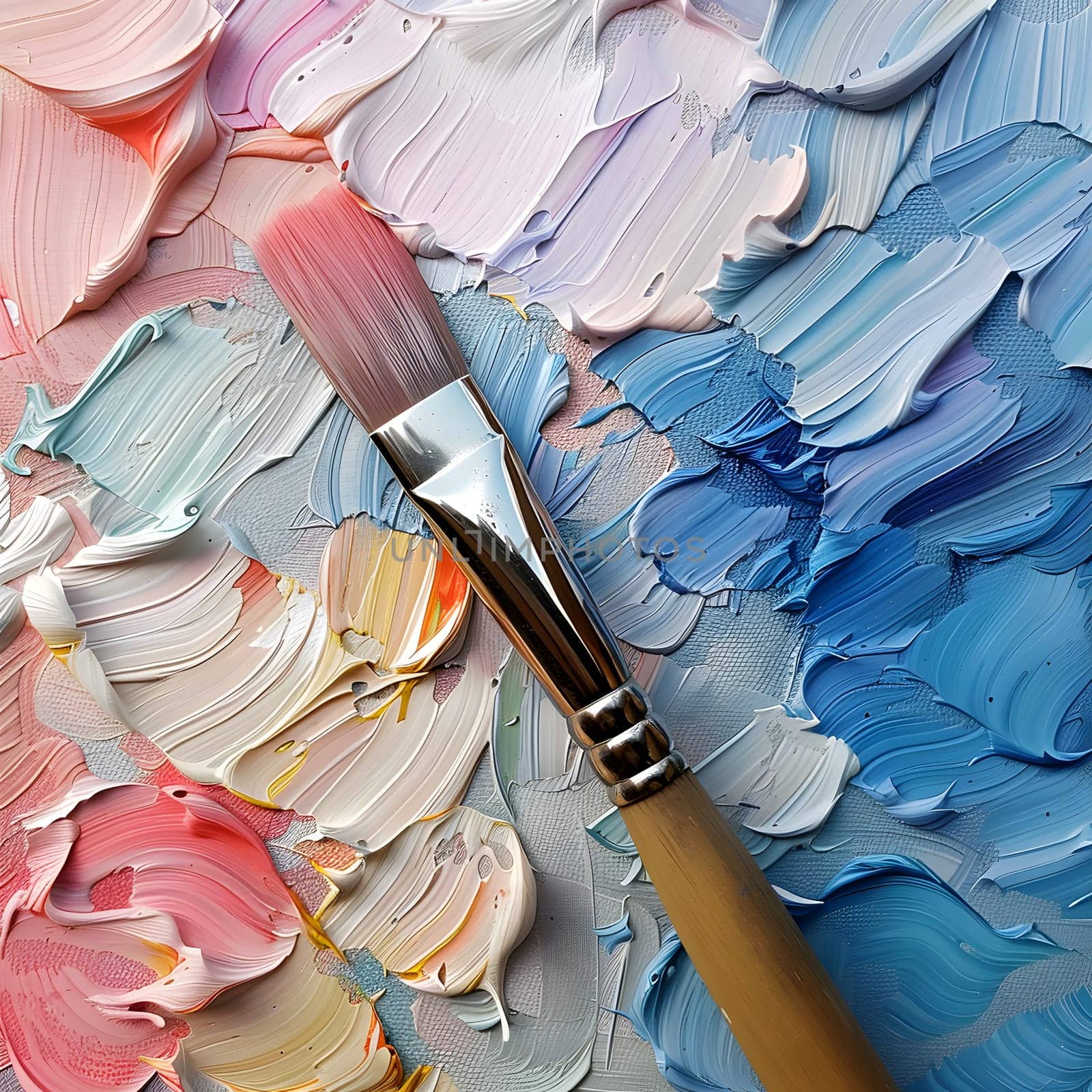 An electric blue brush rests on a petalpatterned paint palette by Nadtochiy