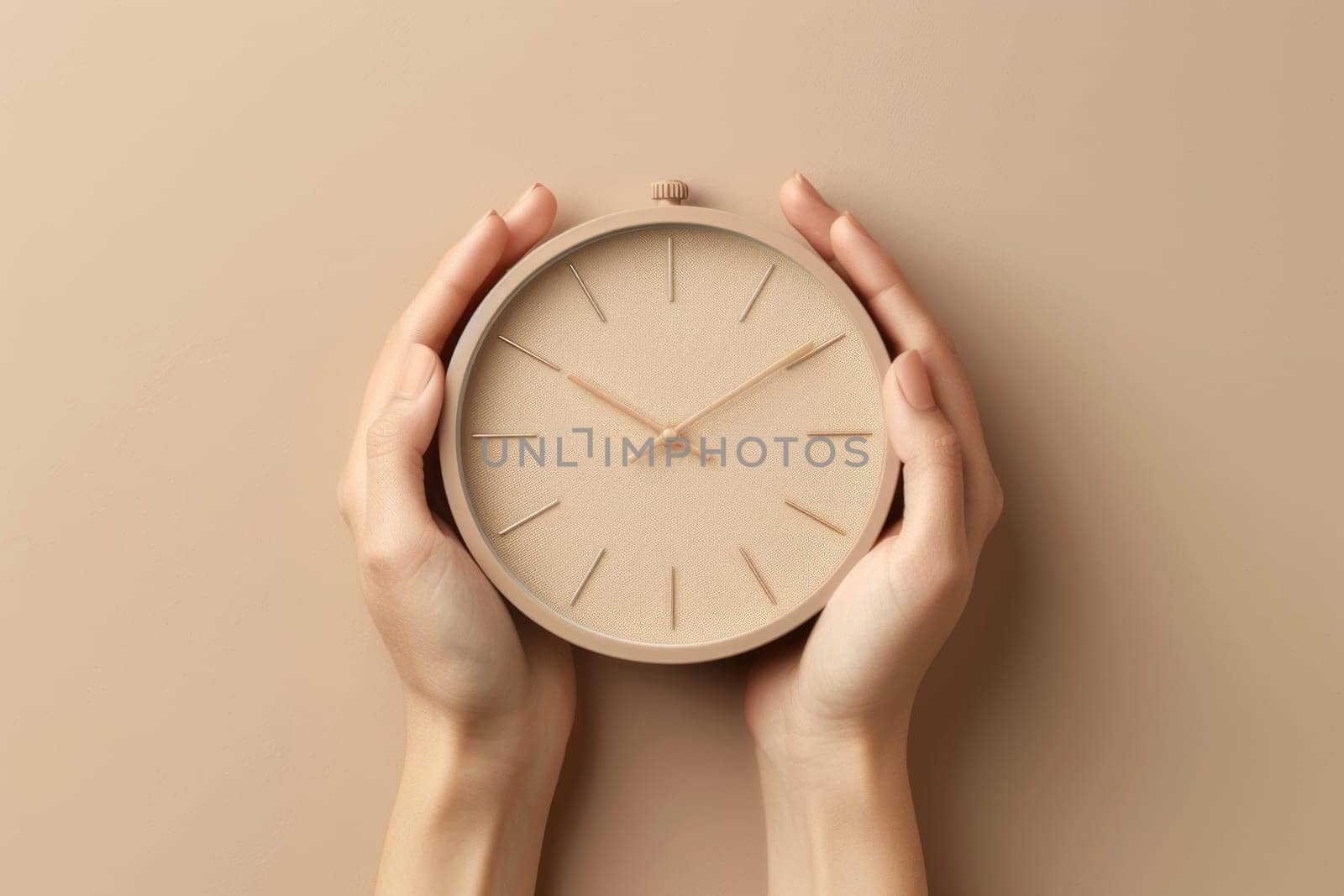 hands holding beige clock. ai generated