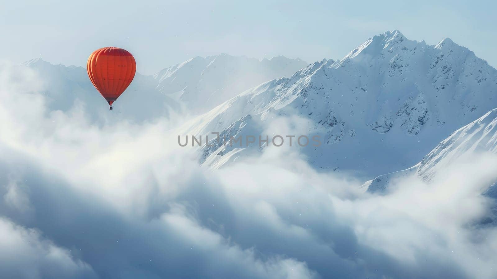 Hot air balloon floating over snow mountain with copy space area. by Chawagen