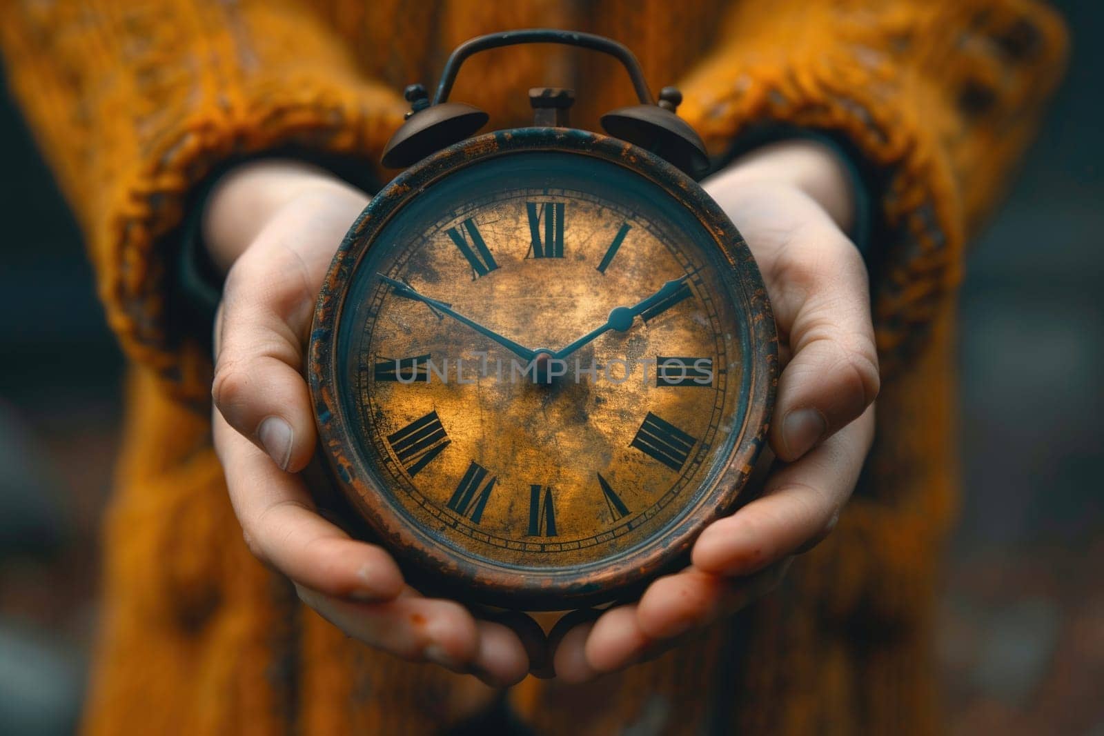 hands holding vintage clock. ai generated