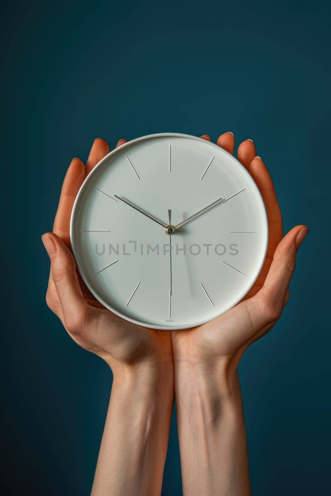 hands holding modern white clock. ai generated