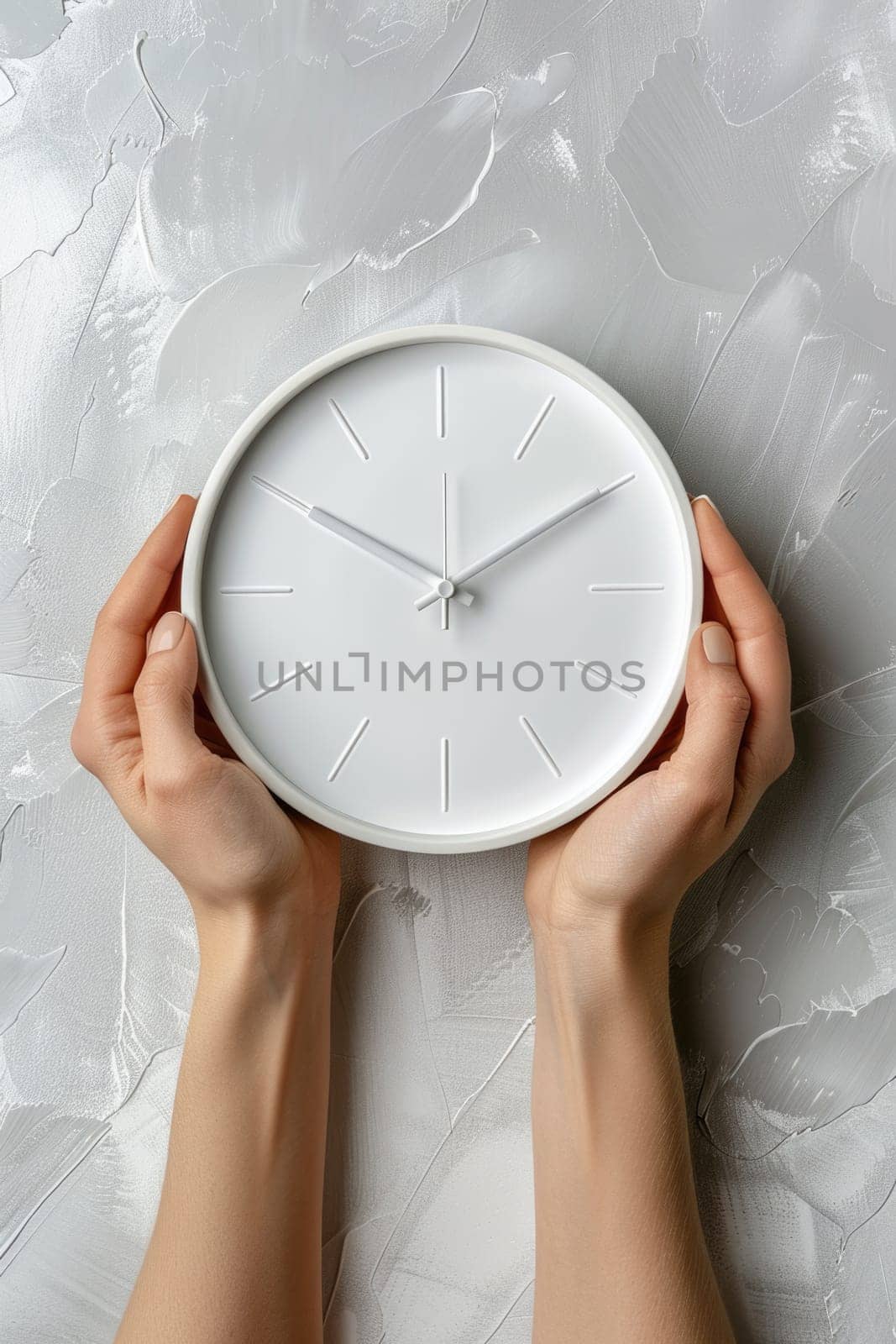 hands holding modern white clock. ai generated