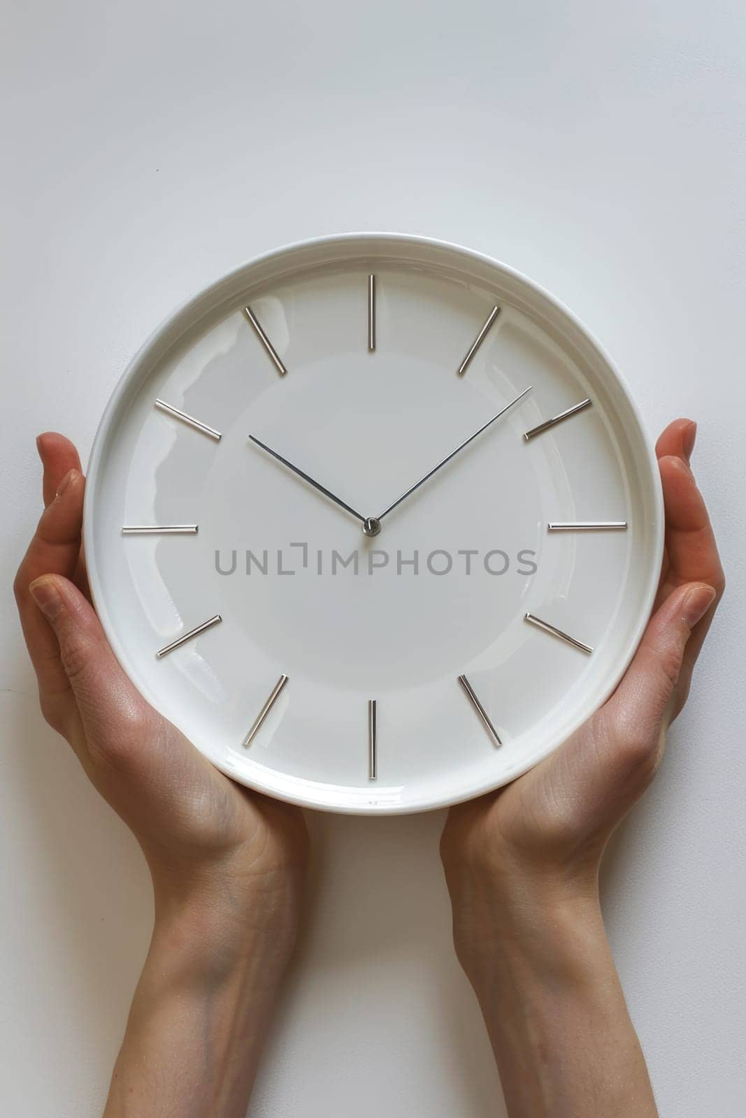 hands holding modern white clock. ai generated