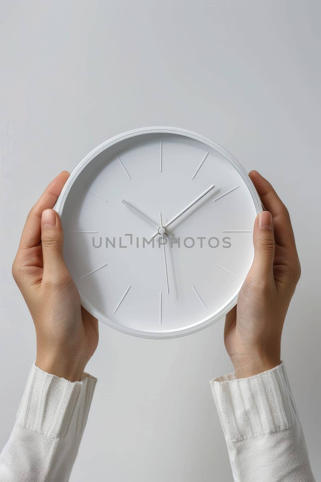 hands holding modern white clock. ai generated