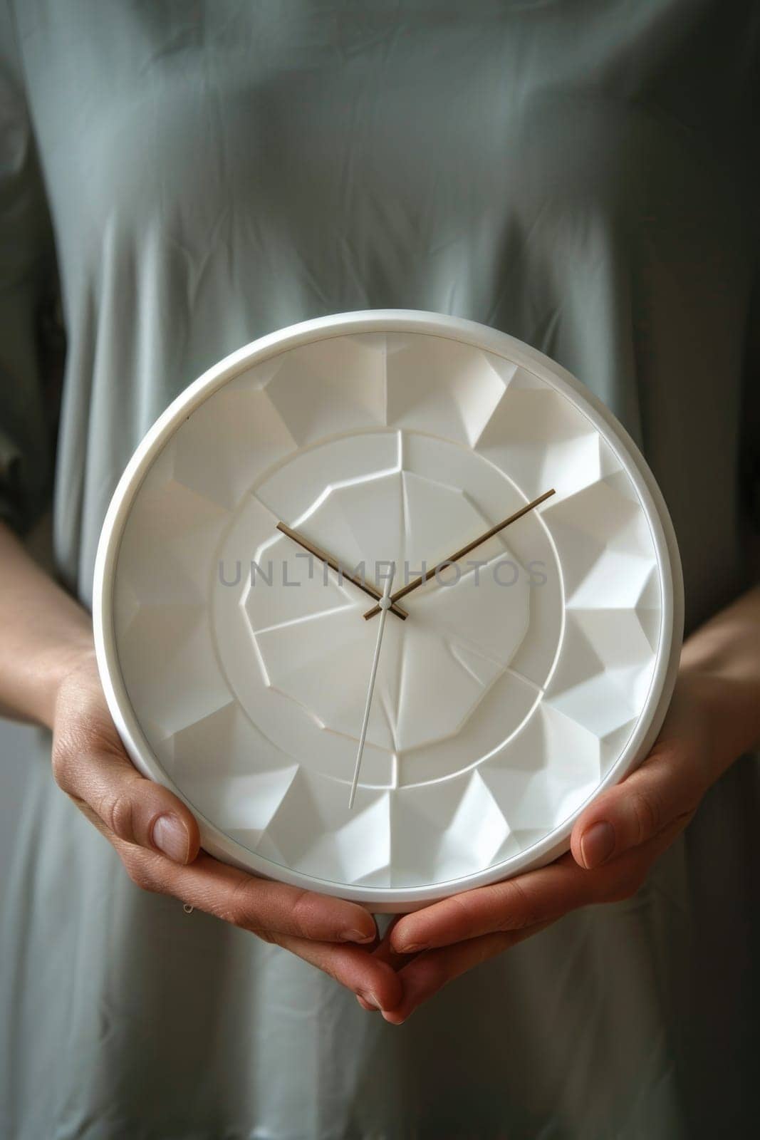 hands holding modern white clock. ai generated